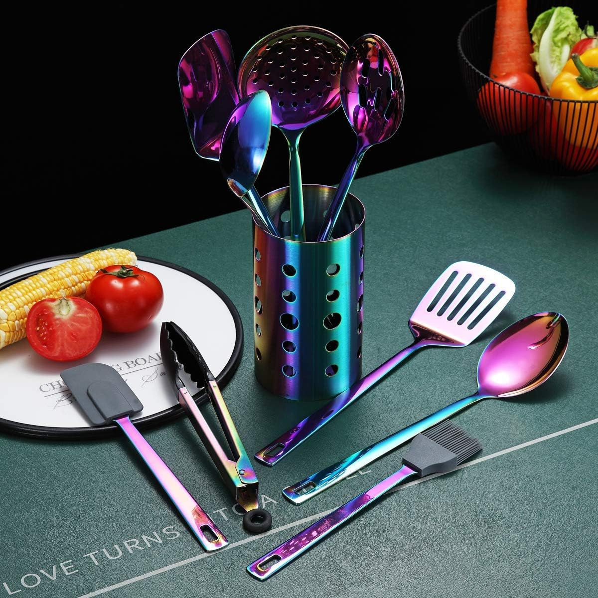 Rainbow Kitchen Utensils Set,13 Pieces Stainless Steel Cooking Utensils Set with Titanium Rainbow Plating,Kitchen Tools Set with Utensil Holder for Non-Stick Cookware Dishwasher Safe (13 Packs) image number 5