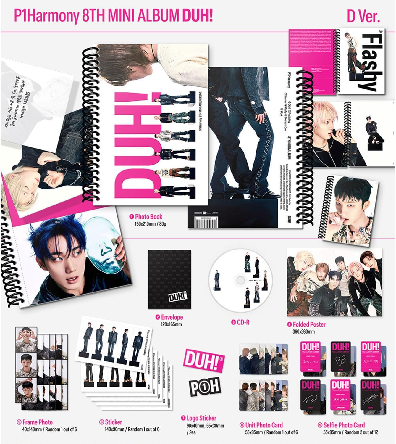 P1Harmony - 8Th Mini Album [DUH!] (D Ver.) Photobook + CD-R + Folded Poster + Frame Photo + Sticker + Unit Photo Card + 3 Extra Photocards