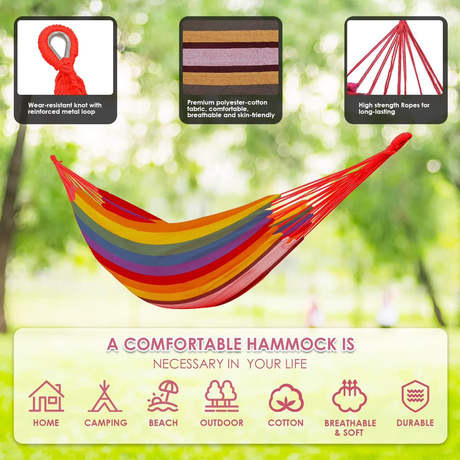 Gold Armour Brazilian Style Hammock with Tree Straps - Durable, Portable Single Double for Camping, Outdoor, Indoor, Patio, Backyard (Rainbow) - Blue  Red Stripe image number 5
