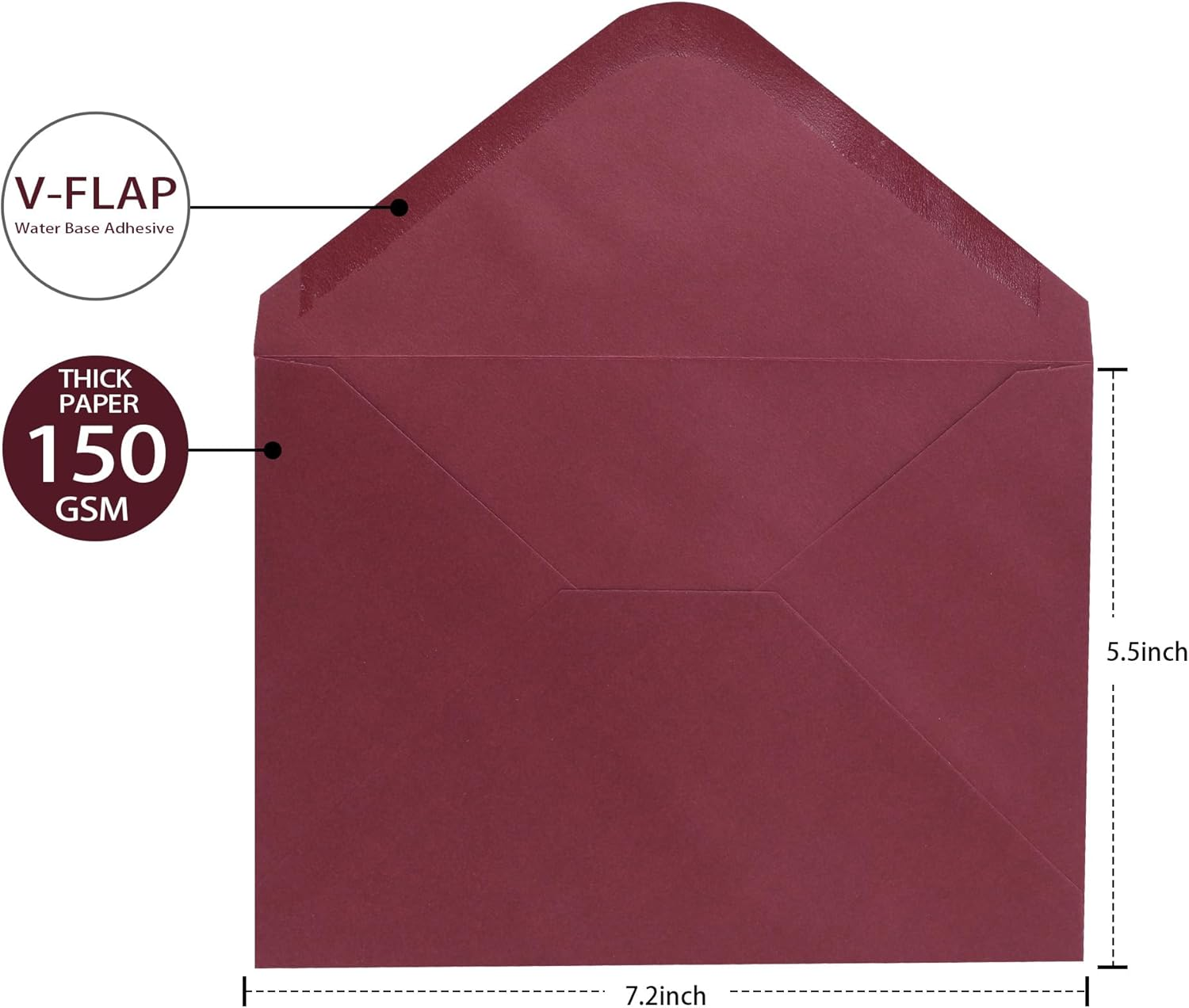 Burgundy A7 V-Flap Envelopes 5 X 7 Inch, 50 Pack, 120Gsm Paper for Christmas Cards, Valentines, Invitations, Wedding, Personalized Gifts, Postcards