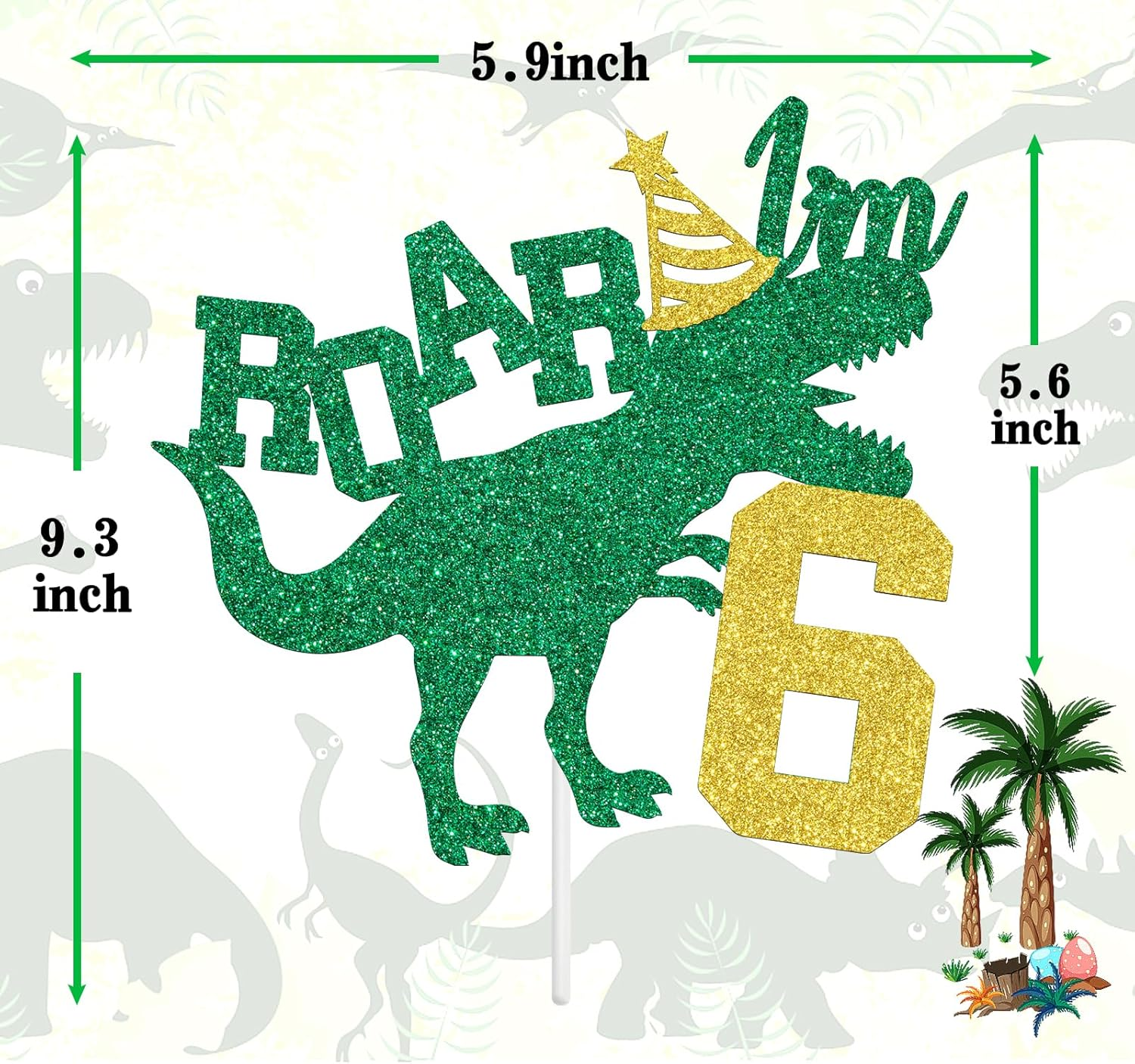 Ferburitar Roar I'M 6 Cake Topper, Dinosaur Jungle Safari Cake Topper for Boys Girls, Happy 6Th Birthday Party Decorations Supplies for Kids, Gold and Green Glitter image number 3