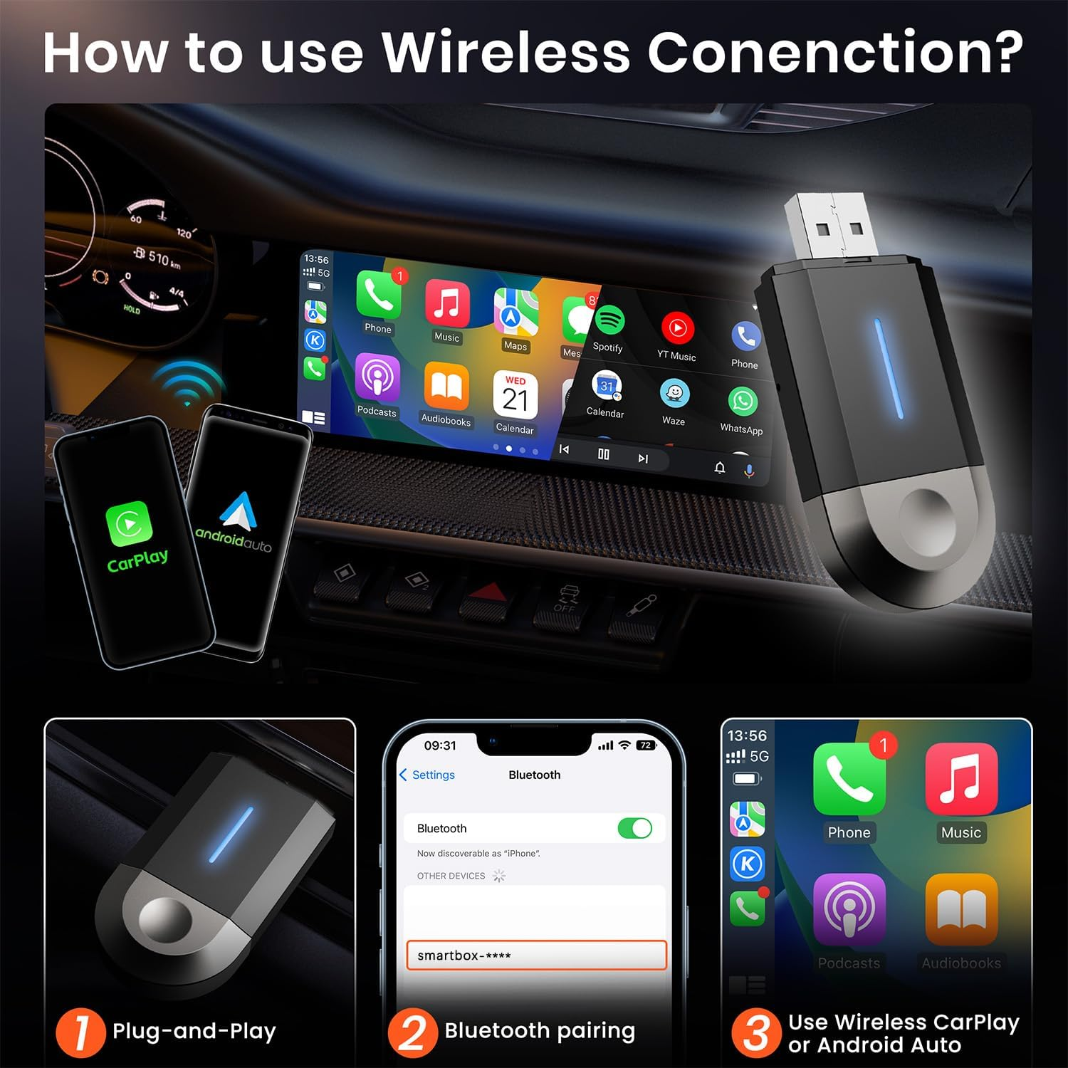 WEKUBA Wireless Carplay Adapter & Android Auto Adapter - 2-In-1 Plug, Compatible with Ios 10+ and 2016+ Cars, Mini Wireless Car Play for Iphone, 5Ghz Wifi
