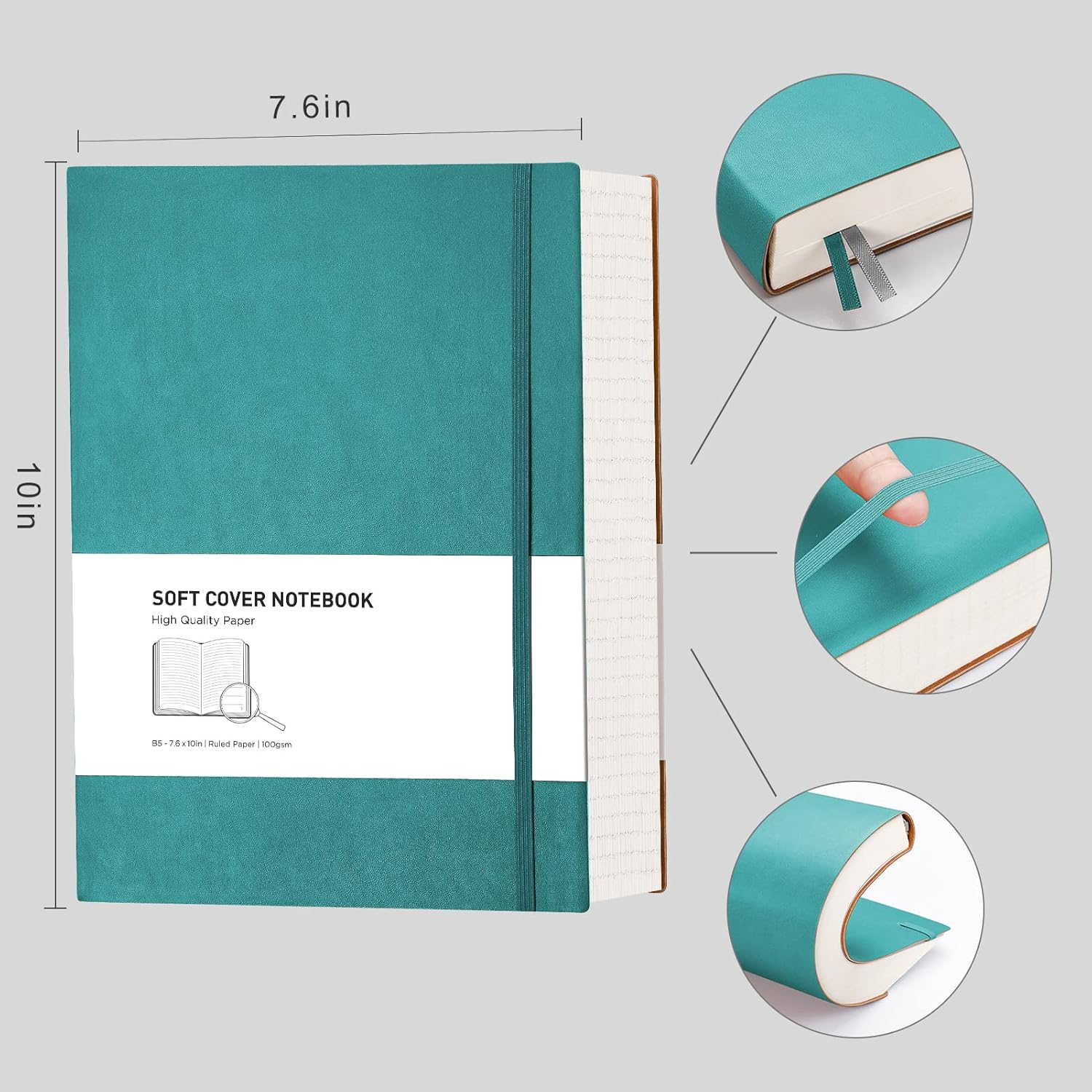 RETTACY Notebook B5 Lined - Thick Diary with 320 Numbered Pages, 1 Back Pocket and High-Quality Soft Cover for Women and Men in the Office or School, 19 X 25 Cm - Cyan image number 6