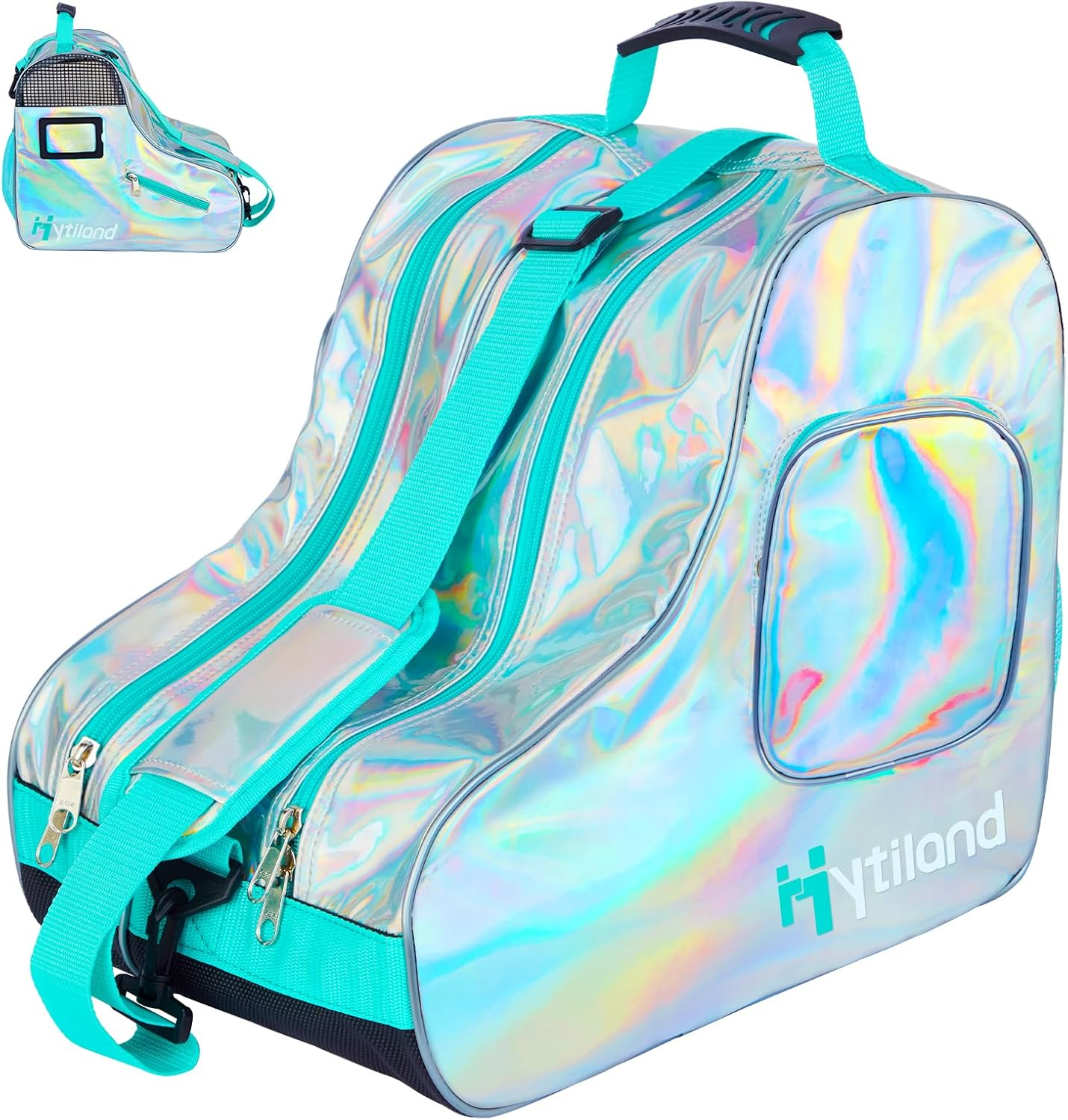 Roller Skate Bag Inline Skates Bag Stylish Plain Holographic Fashion Model Spacious Big Capacity Ice Skate Bag Breathable Mesh Waterproof & Durable Figure Skating Bag for Women and Youth