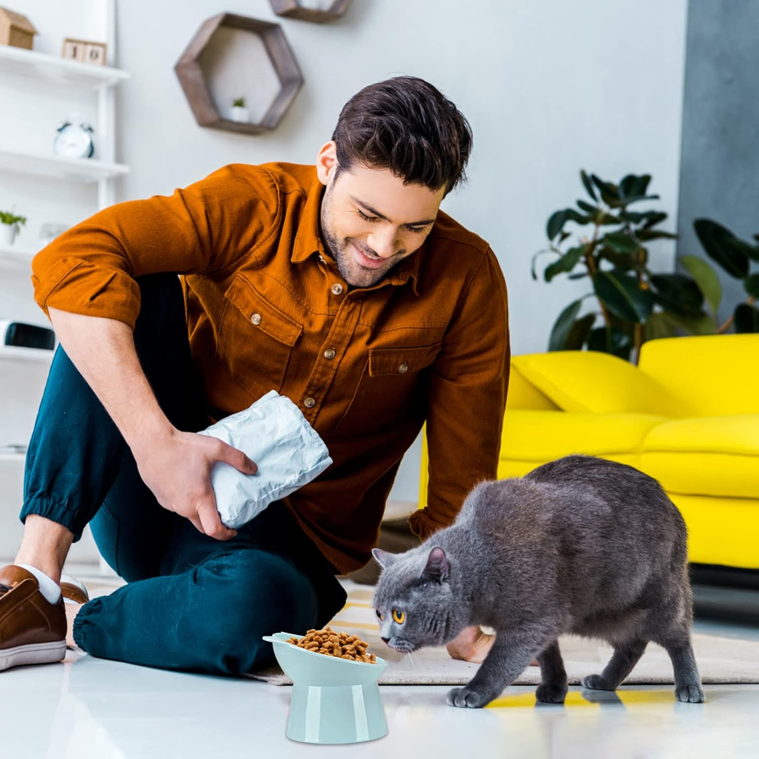 Raised Cat Bowl, Tilted Elevated Food Water Bowls, Cute Cat-Ear-Shaped Cat Feeding Bowls, Neck Protection 45&deg; Slanted Bowl for Dogs and Cats/86 image number 1