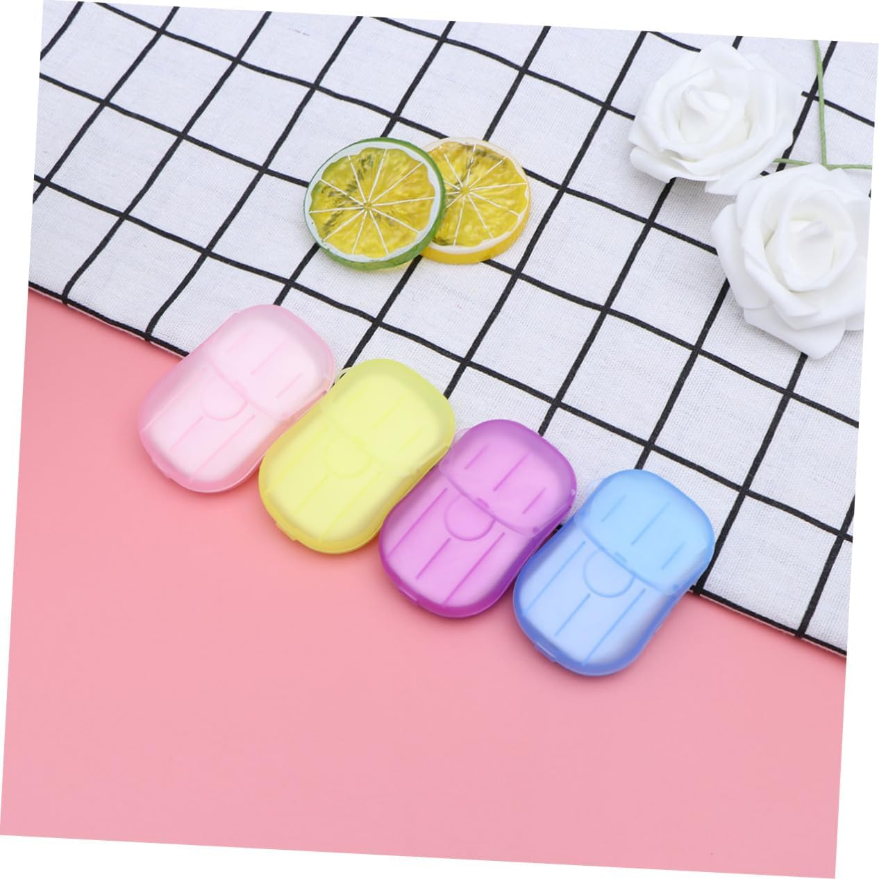 NAMOARLY 8Pcs Boxed Travel Soap Sheets Portable Hand Washing Tablets Paper Soap Flakes Safe for Face Hand Wash Compact Plastic Box for Outdoor Activities Color image number 4