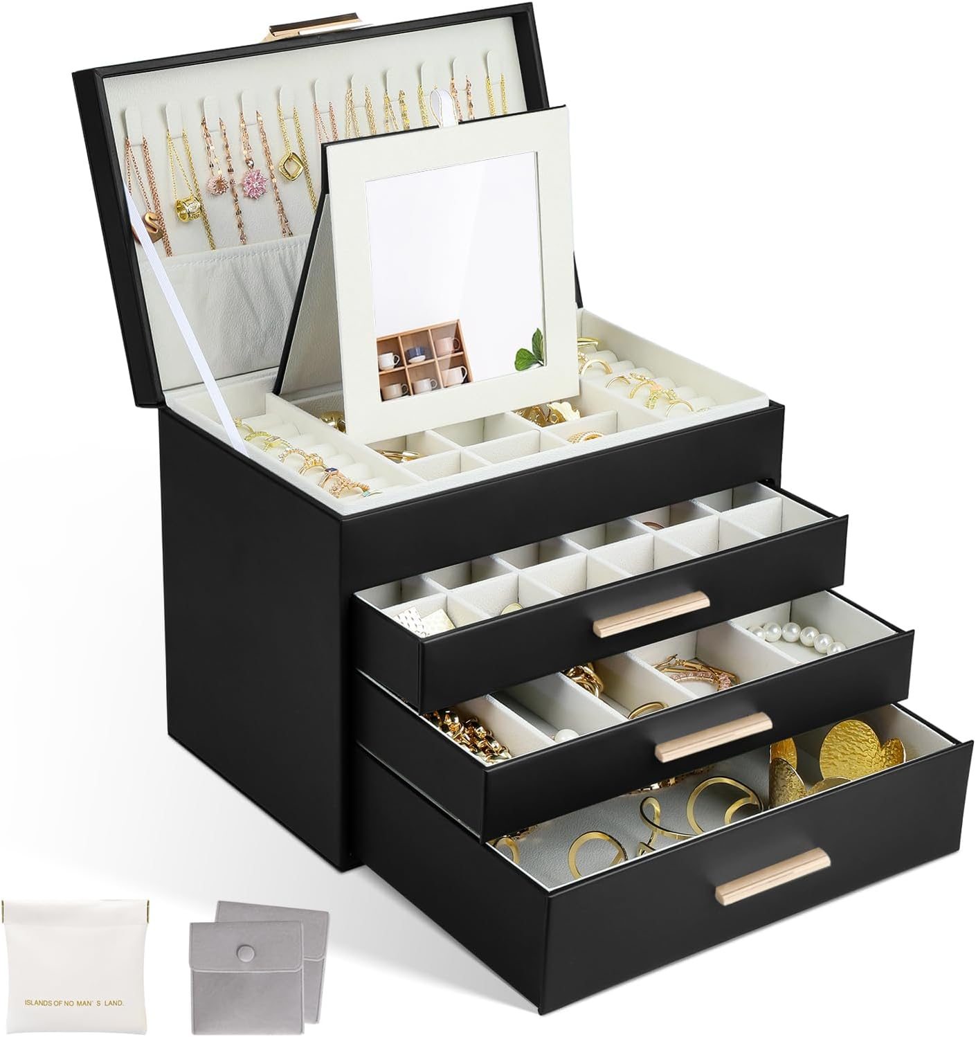 LIAN Large Jewelry Box Organizer 4 Layer Jewelry Holder Organizer with Mirror Leather Jewelry Case for Necklace Earrings Bracelet Storage for Women Girls(4 Layer White)