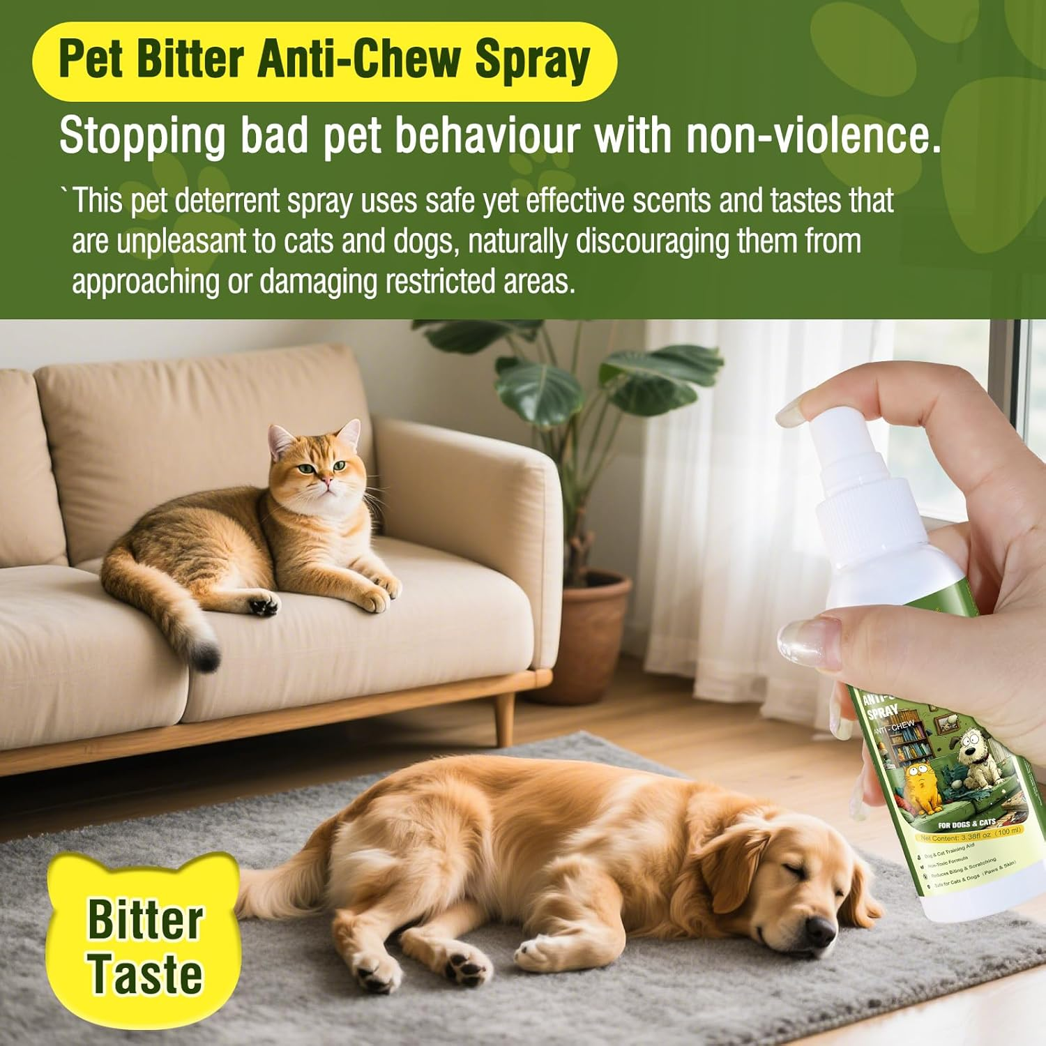 Anti-Chew Bitter Dog Spray, Stop Chewing and Licking, No Chew Spray for Dogs & Cats, Protect Furniture Shoes Belongings, Natural Pet Safe Formula, No Stain 3.38 Fl Oz (100 Ml) image number 3