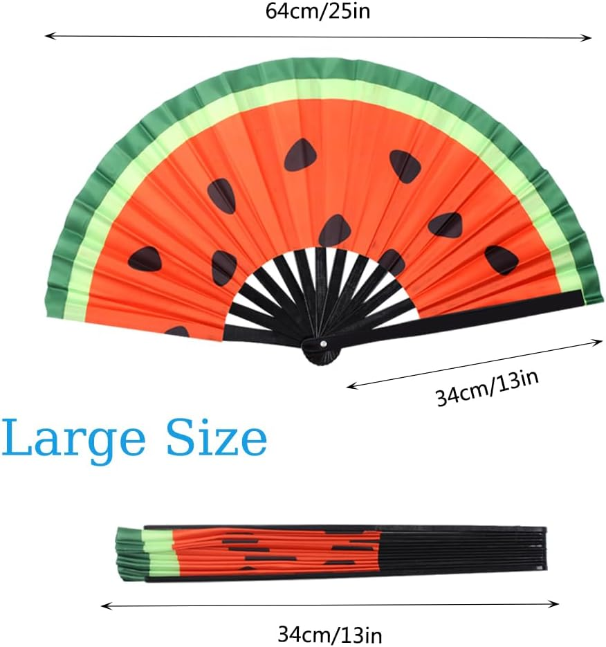 Plzoslly 2 PCS Large Folding Fan Bamboo Folding Hand Fan, Rave Fan Clack Folding Hand Fan Chinese/Japanese Nylon-Cloth Folding Fan for Festival, Dance, Performance, Party, Gift, Decoration(Watermelon) image number 6