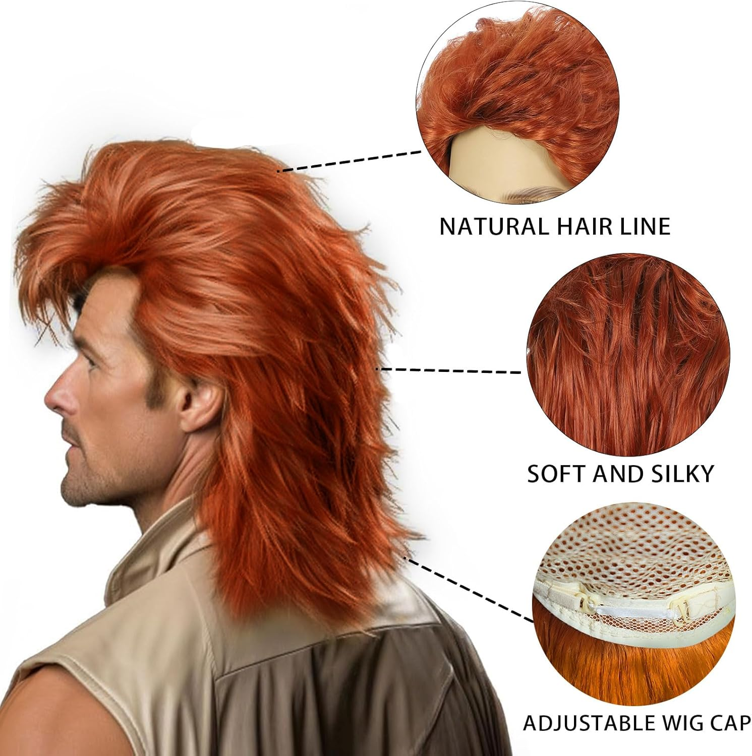 FOUNSHO Red Mullet Wig for Men, Men'S Long Curly Wig, 70S Rocker Fancy Dress Wigs for Adult, Men'S 80S 90S Wigs for Pop Rock Star Costumes Carnival Halloween Party (Red) image number 5