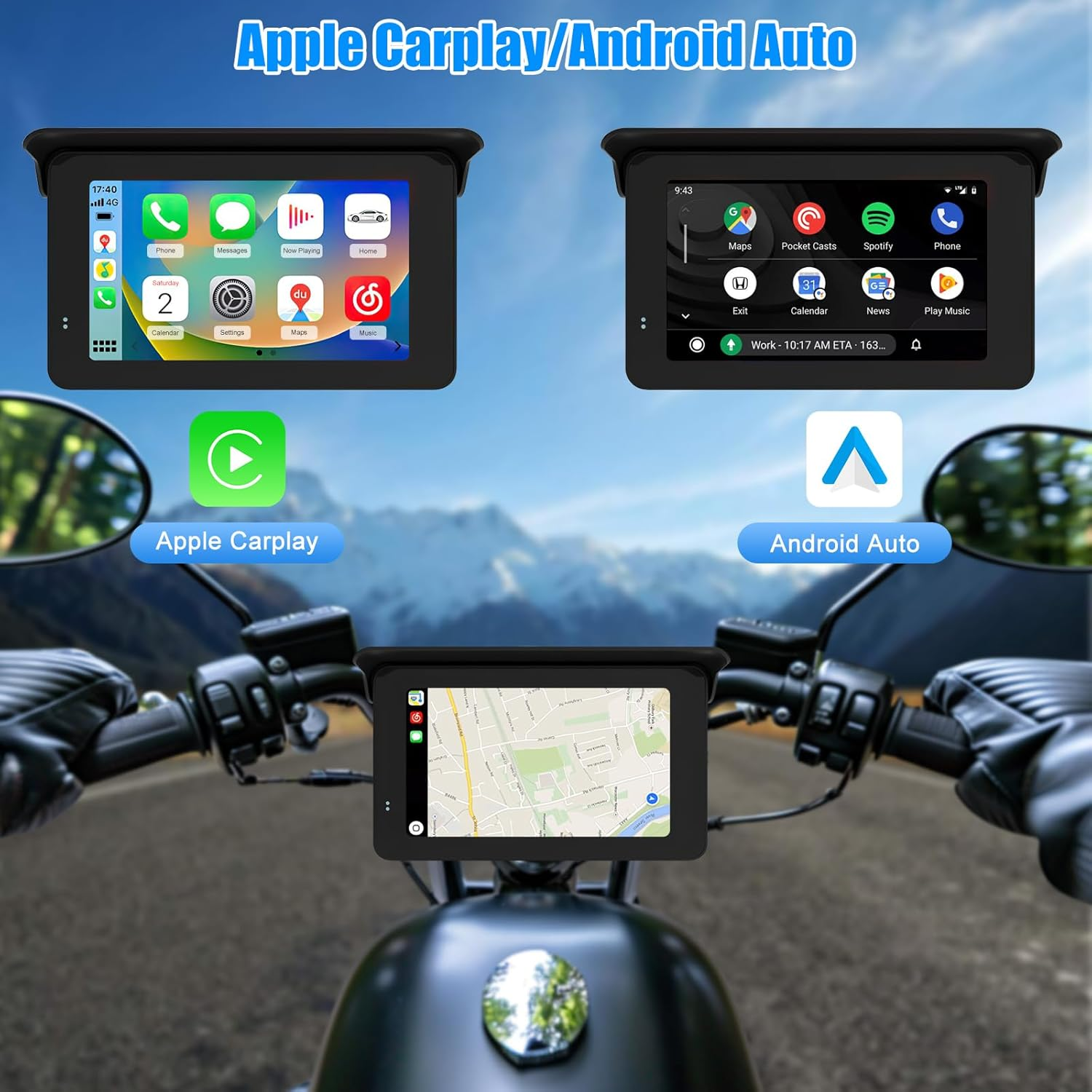 Motorcycle IP65 Waterproof GPS Portable Carplay, Carplay/Android Auto 5" IPS Touchscreen Android/Ios Car Monitor Portable Siri/Google Assistant for Motorbike GPS Navigation for Bluetooth