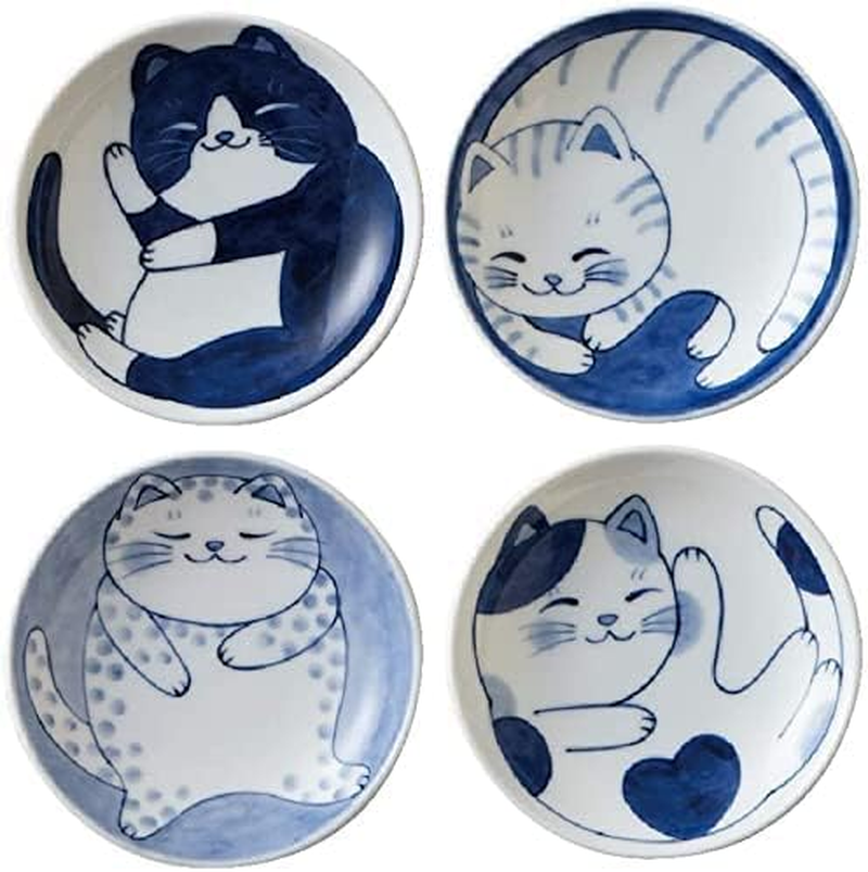 Japanese Small Plate Set, Ceramic, Cute Cats Design, Appetizer, Dessert, Sushi Sauce 3.94" X 0.8",Set of 4