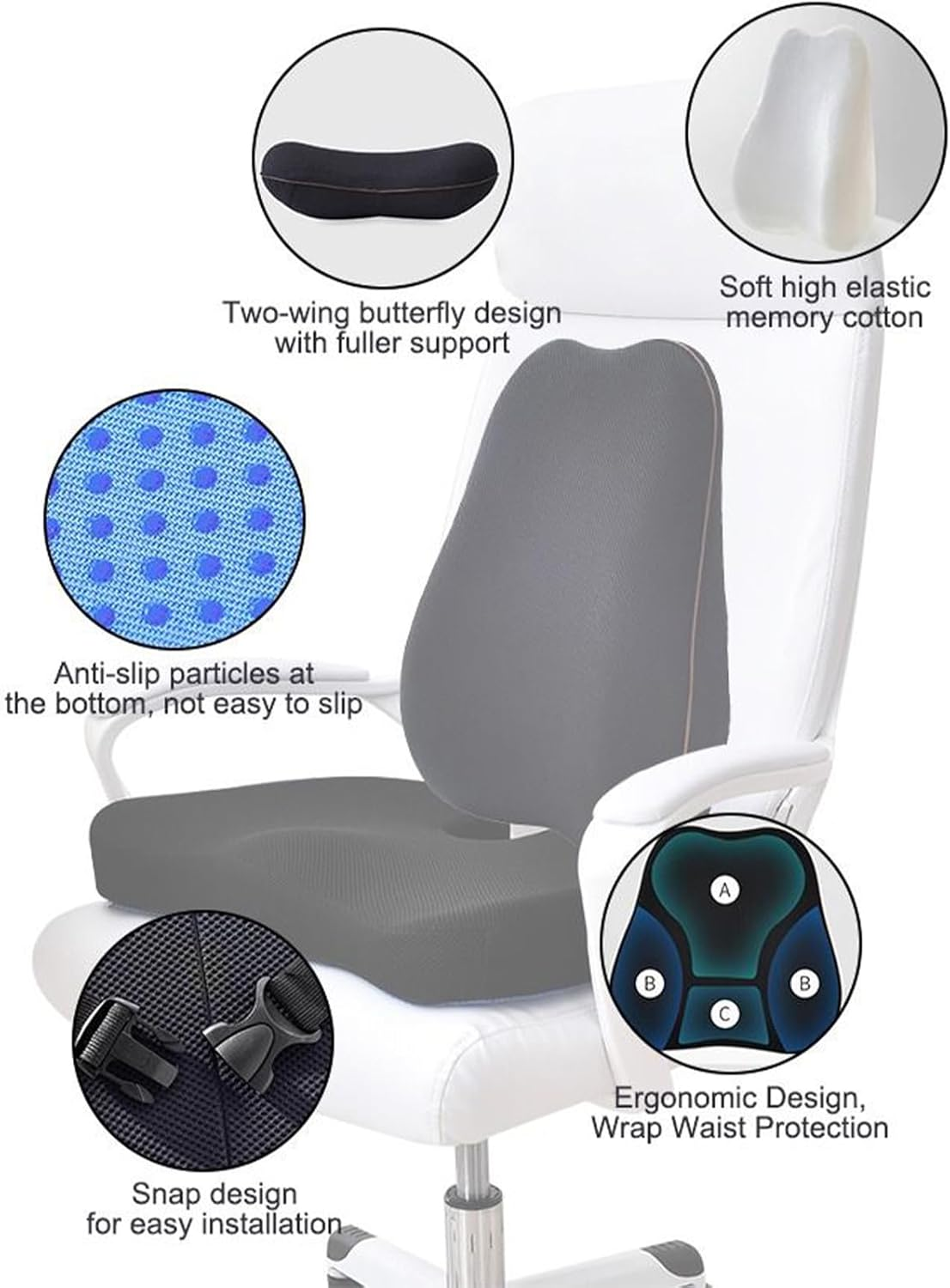 Memory Foam Seat Cushion and Lumbar Support for Office Chairs, Lumbar Cushion (Black)