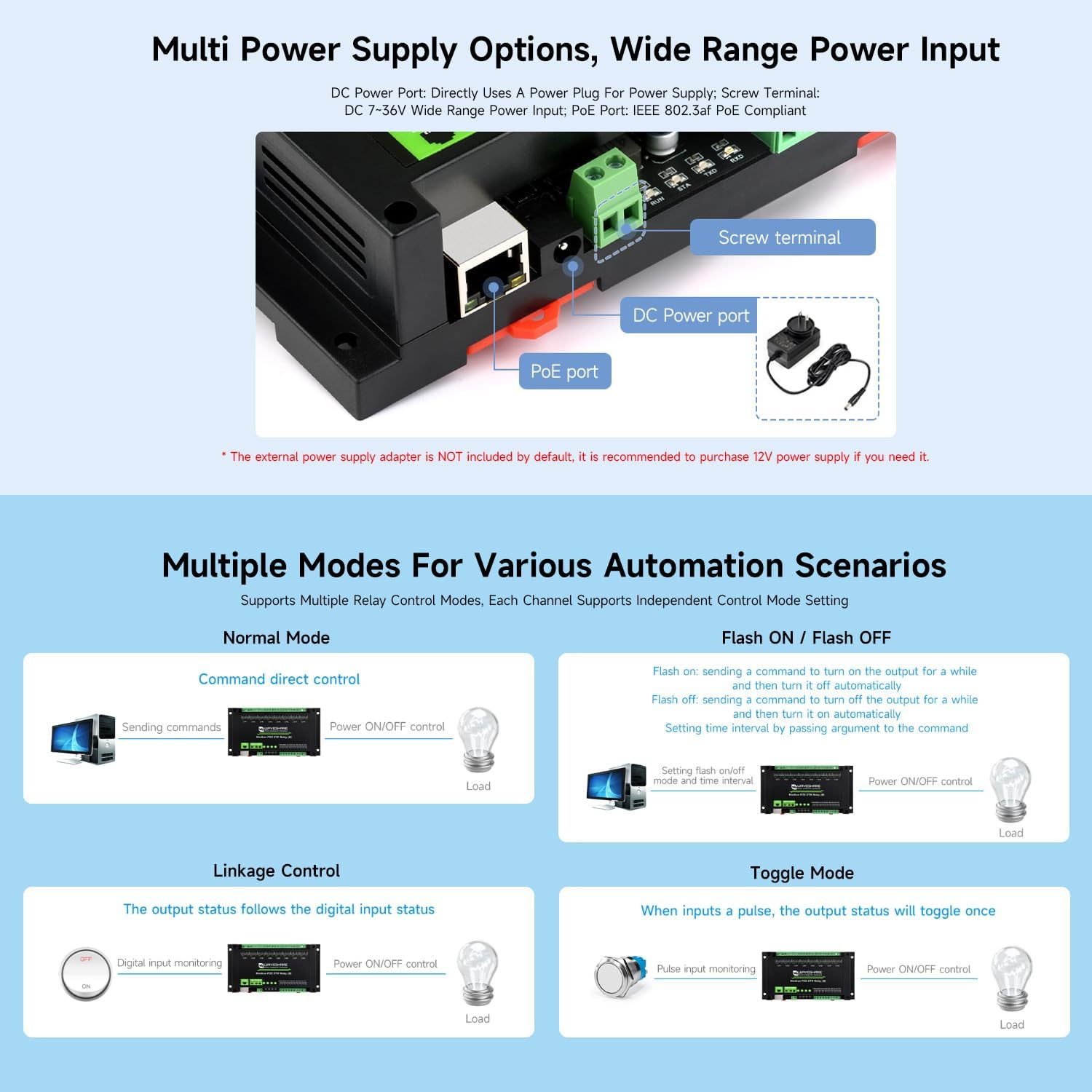 Waveshare 8-Ch Ethernet Relay Module (B) with Digital Input, Modbus Rtu/Modbus TCP Protocol, Poe Port Communication, with Various Isolation and Protection Circuits, Industrial Grade Rail-Mount Case image number 5