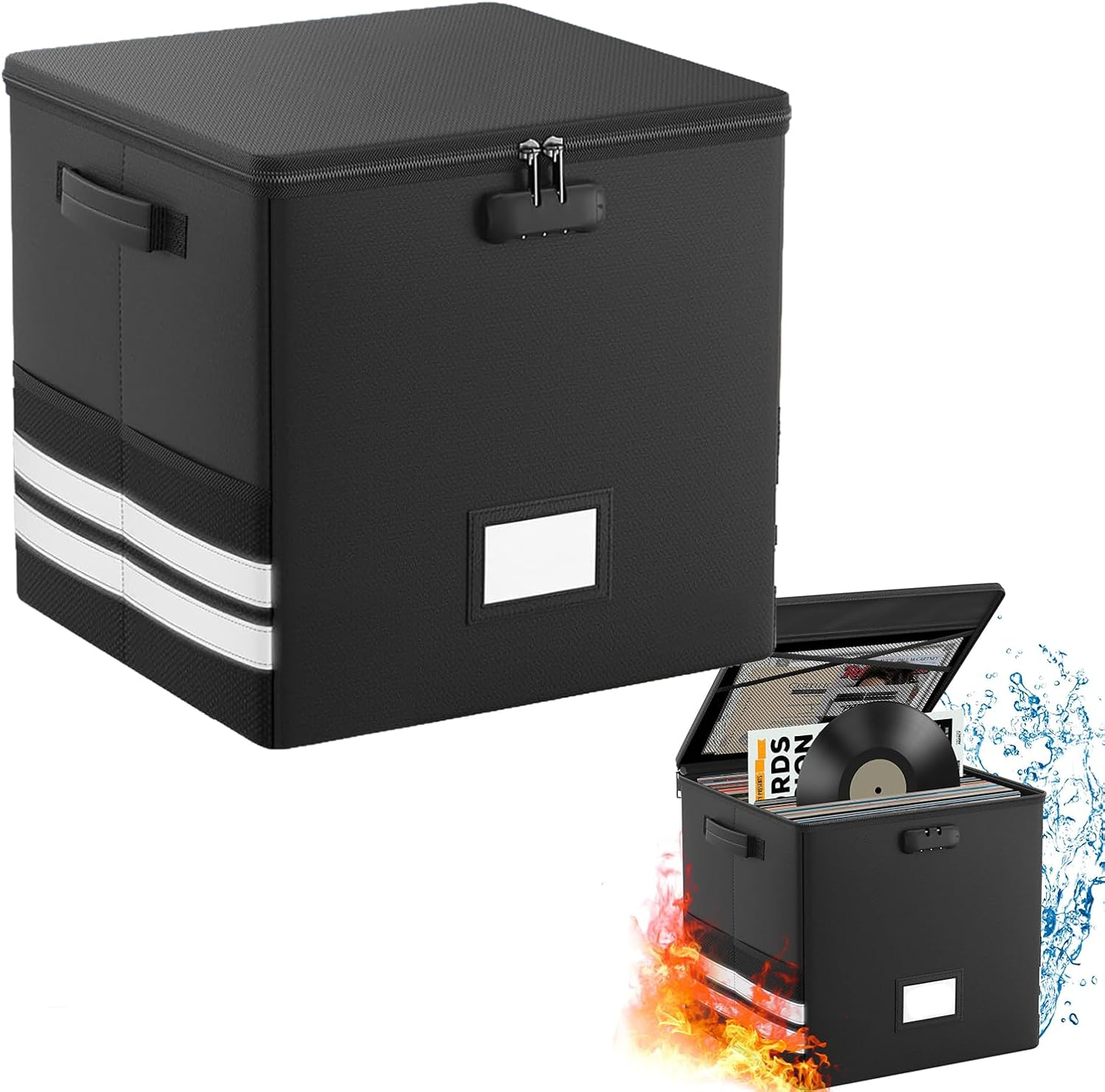 Kitchess Vinyl Record Storage Box with Lock, Fireproof & Waterproof Vinyl Storage Organizer for 100+ 12Inch Albums, Collapsible Vinyl Record Holder with Lid & Handles, 33 X 33 X 33Cm image number 4