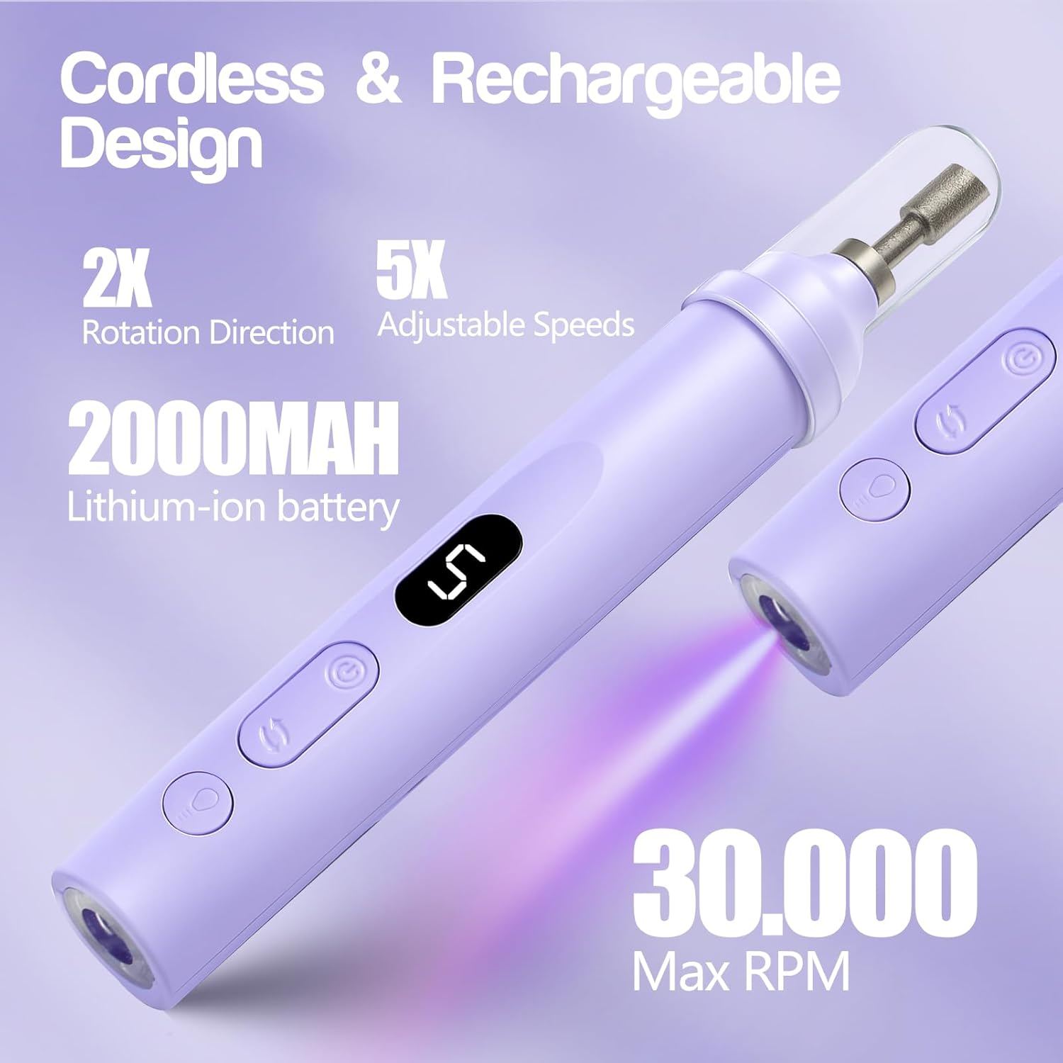 Droyek Electric Nail Drill Machine Handheld Flat Light 2-In-1 for Beginners Acrylic Gel Nails Manicure Pedicure Polishing Shape Tool with 8 Bits Gel Nails and Home Salon Use - Pink image number 5