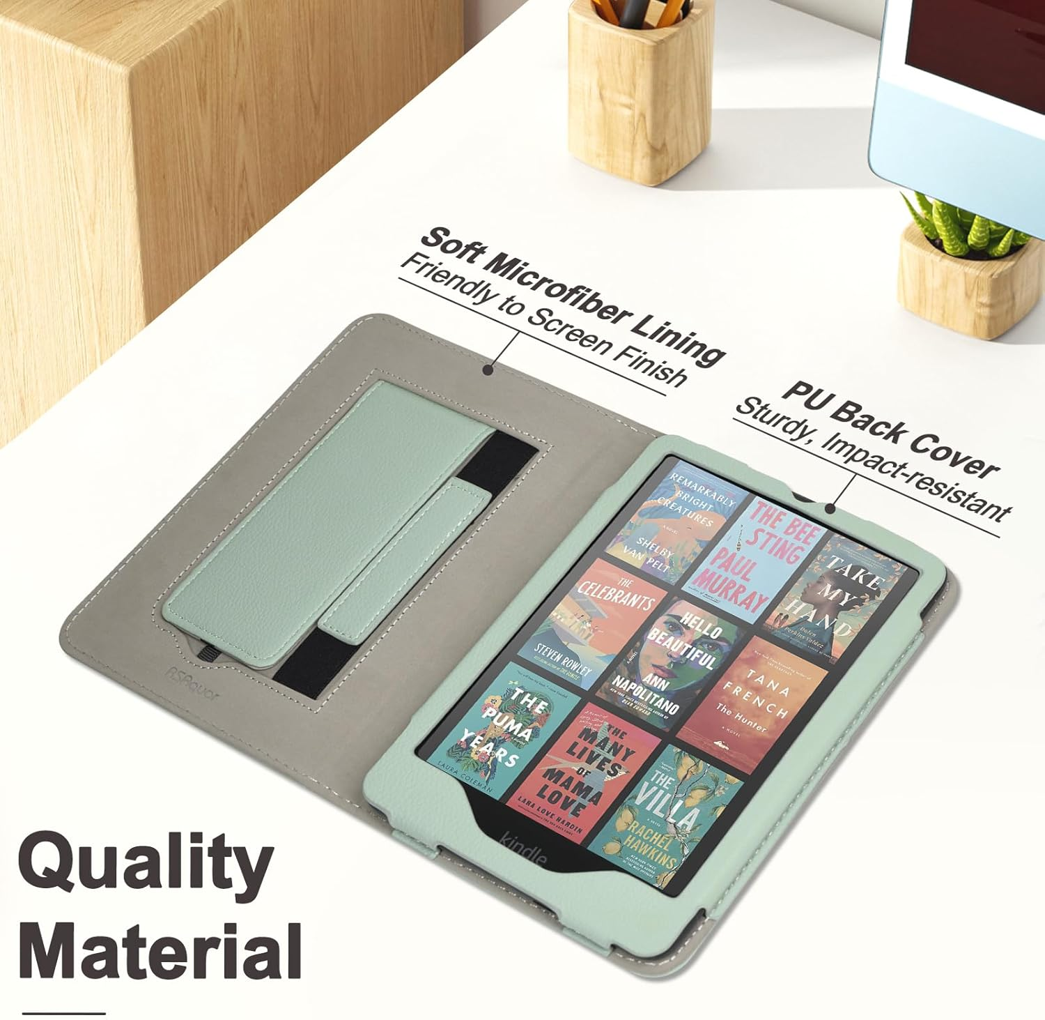 Rsaquar Case for 7-Inch Kindle Colorsoft Signature Edition and All-New Kindle Paperwhite (2024 Release), Full Protection Cover with Auto Sleep/Wake, Hand Strap and Foldable Stand - Agave Green - Black image number 7