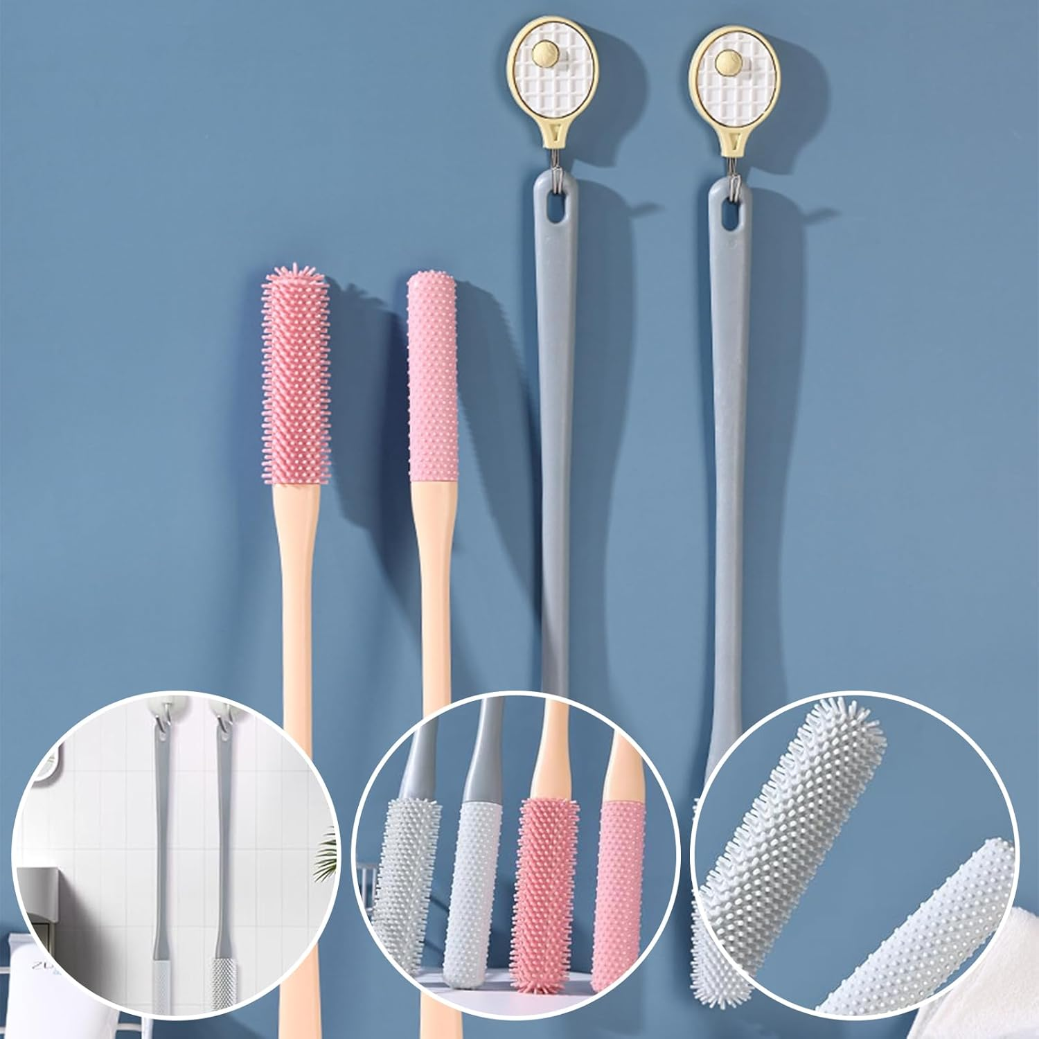 Toe Gap Cleaning Brush, Long Handled Silicone Toe Cleaner Toes Crevice Soft Rubber Brush,Exfoliating Brush Foot Scrubber for Shower for Seniors,Elderly, Men and Women (Gray) - Pink+Grey image number 5