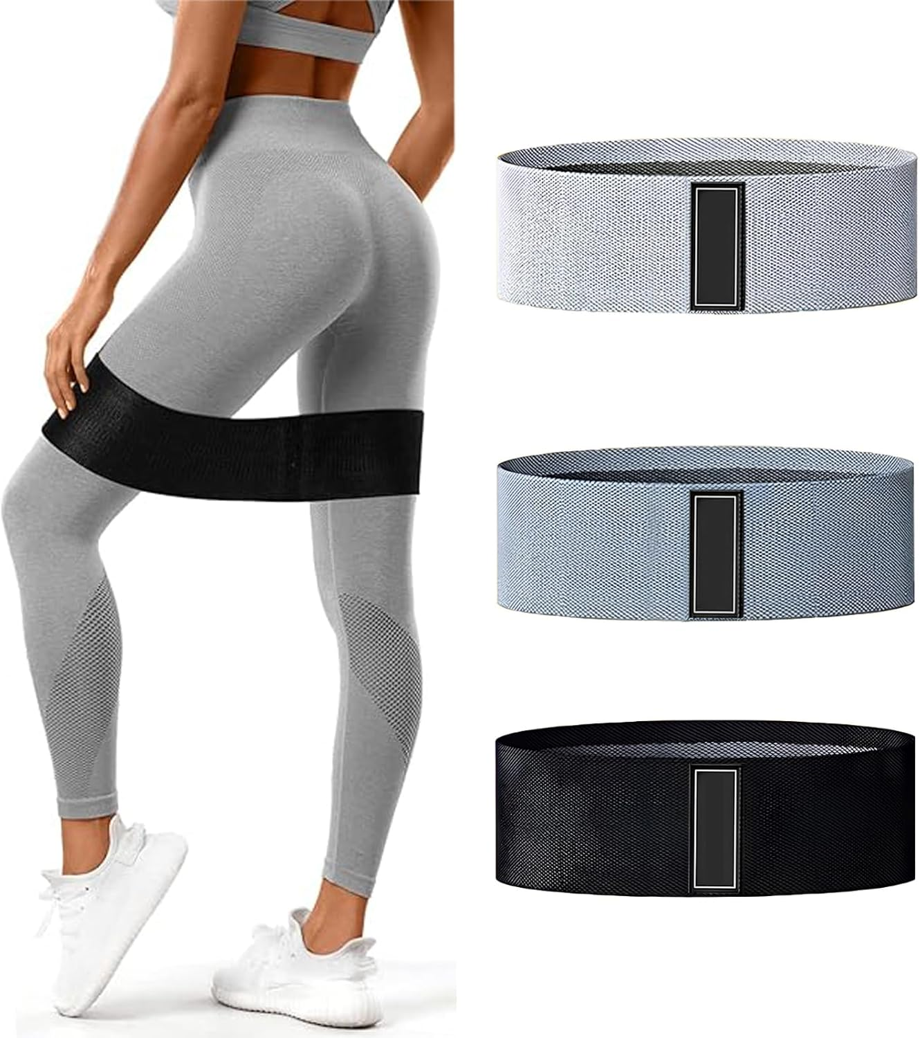 Fabric Resistance Bands Set, 3 Pack Exercise Loop Bands for Legs and Butt, Workout Bands for Yoga, Pilates, Fitness Training, Black and Grey image number 1