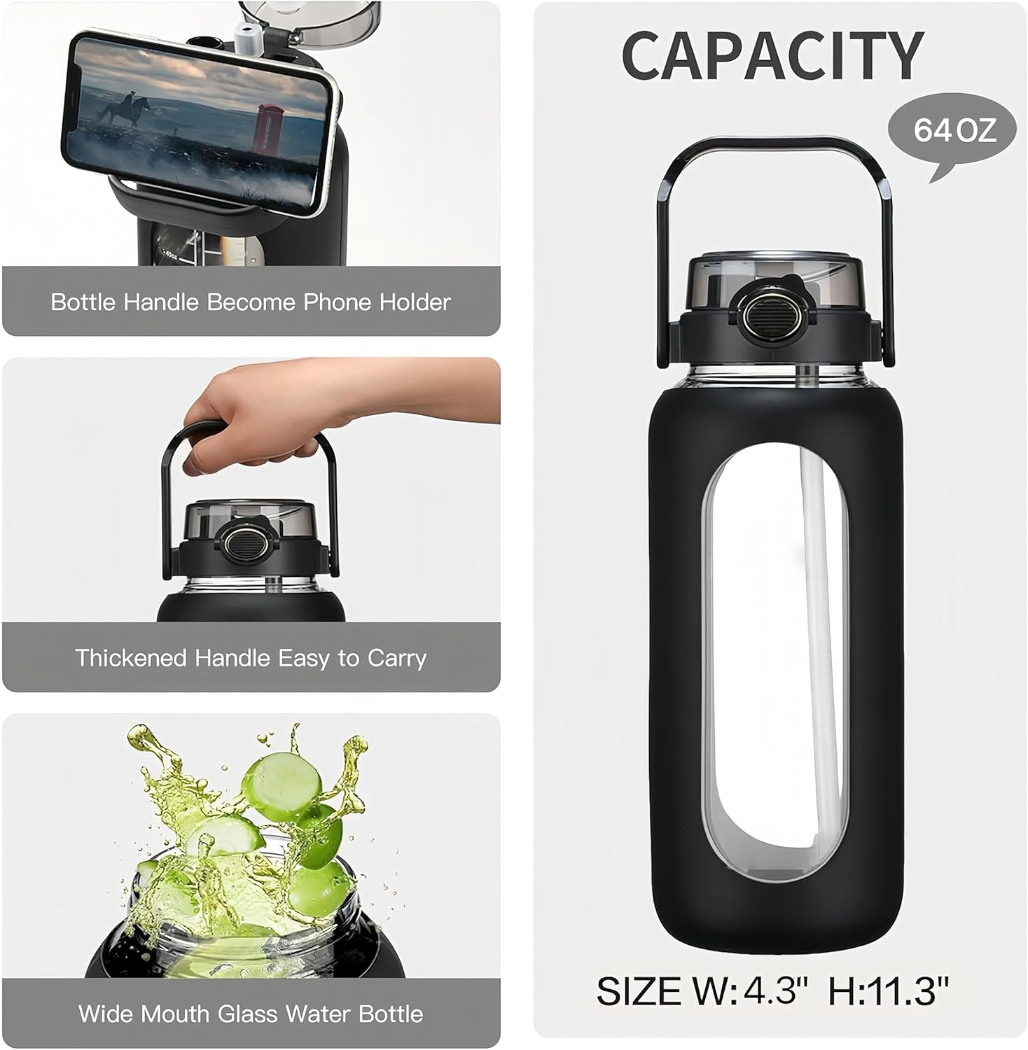 64 Oz Gass Water Bottle,Leak-Proof Sports Glass Water Cup with Straw Lid, Featuring Scale Markings and Silicone Sleeve, Bpa-Free and Reusable, Suitable for School, Gym, Travel, and Exercise