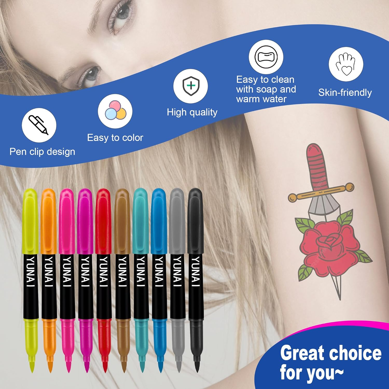 YUNAI Temporary Tattoos Markers for Skin, Tattoo Pen Kit with 10 Body Tattoos Pens 5 Tattoo Stencils 2 Tattoos Stickers for Adults, Fine Tip, Assorted Bright Colors image number 5