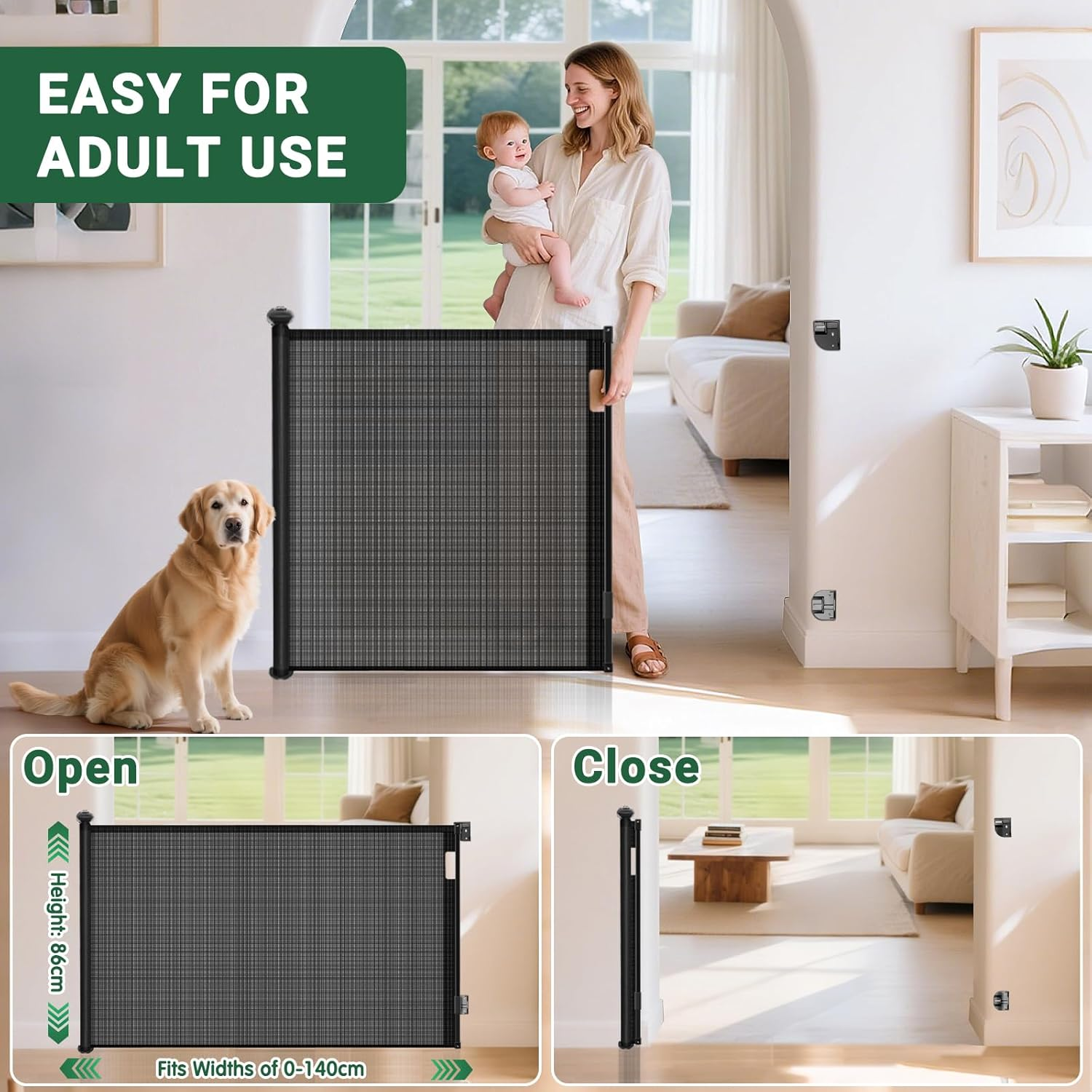 Ycozy Retractable Baby Gate, Durable Portable Mesh Baby Gate/Mesh Dog Gate, 140Cm Wide 86Cm Tall Extendable Child Safety Gate for Cat, Doorways, Stairs, Hallways, Banisters Indoor/Outdoor, Black image number 6