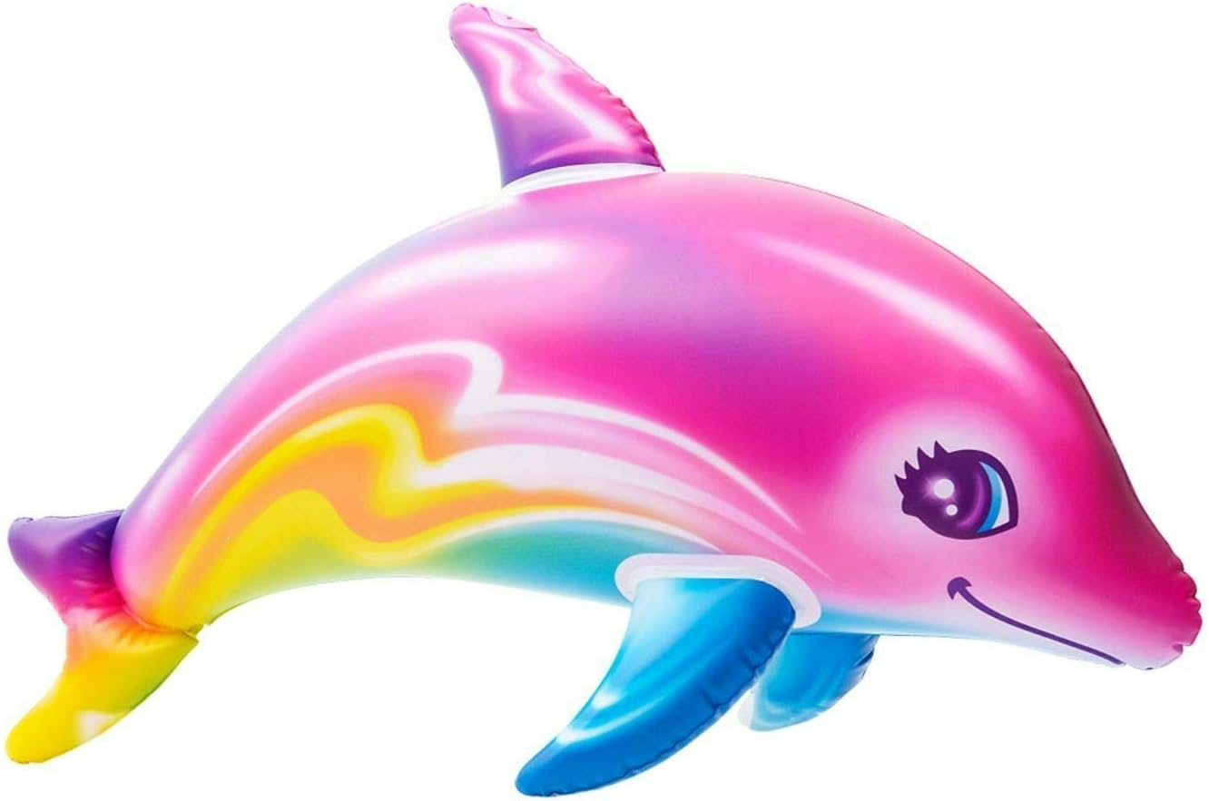 Large 36" Pink Rainbow Colorful Dolphin Inflatable Pool Toy (Set of 2) Inflate Beach Poolside Aquatic Themed Decor Birthday Party Decoration image number 1