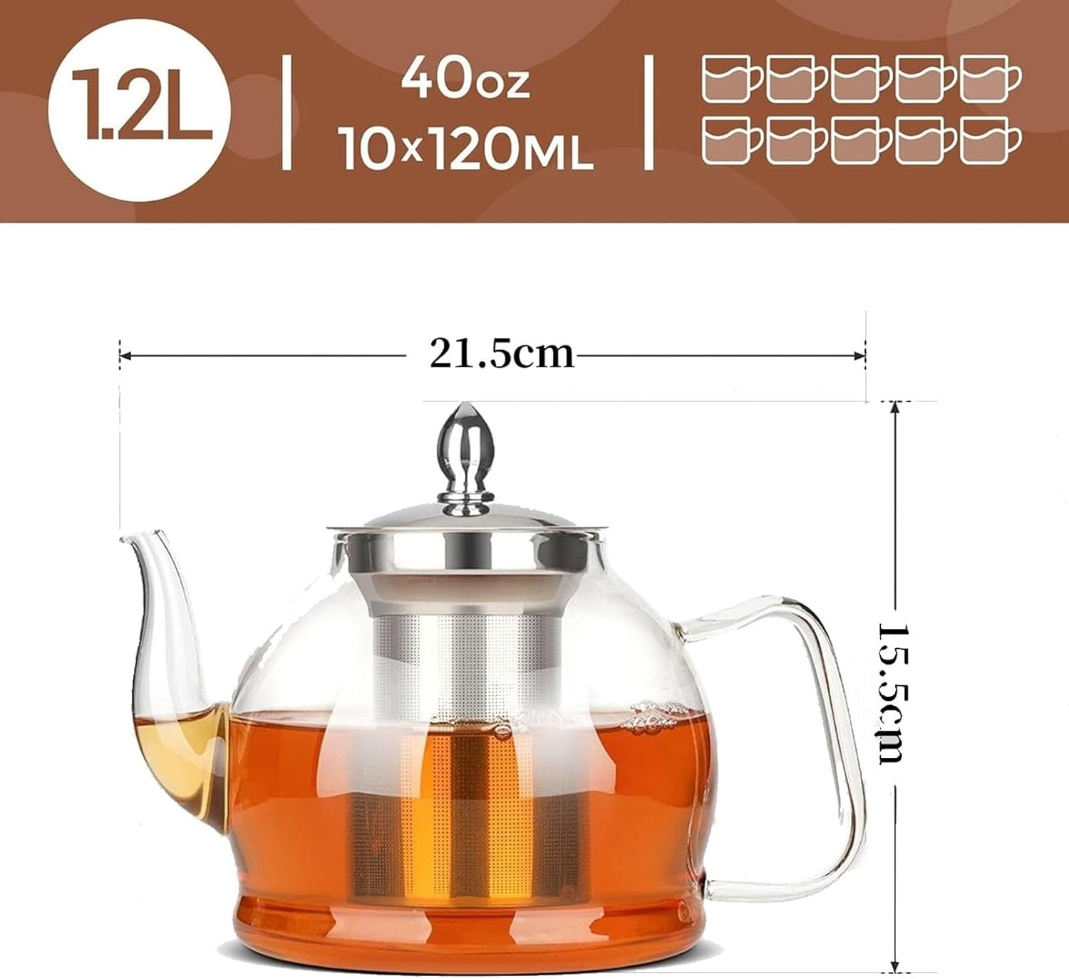 1200Ml Glass Teapot, 40Oz Stovetop Safe Tea Steeper Glass Kettle with Removable Stainless Steel Infuser for Blooming Tea & Loose Leaf Tea image number 1
