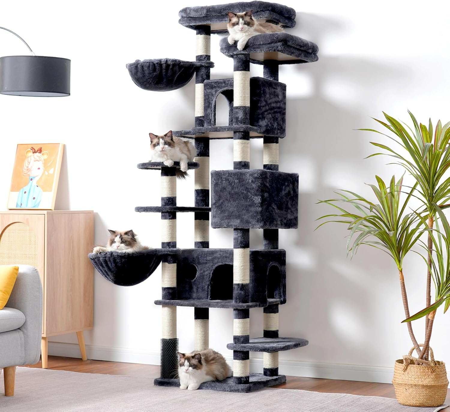 Hey-Brother Cat Tree, 188 Cm Multi-Level XL Large Cat Tower for Indoor Cats with Three Cat Condos, Two Large Top Decks and Cat Hairbrushfor Kittens, Cats and Pets, Smoky Gray MPJ035-MG image number 6