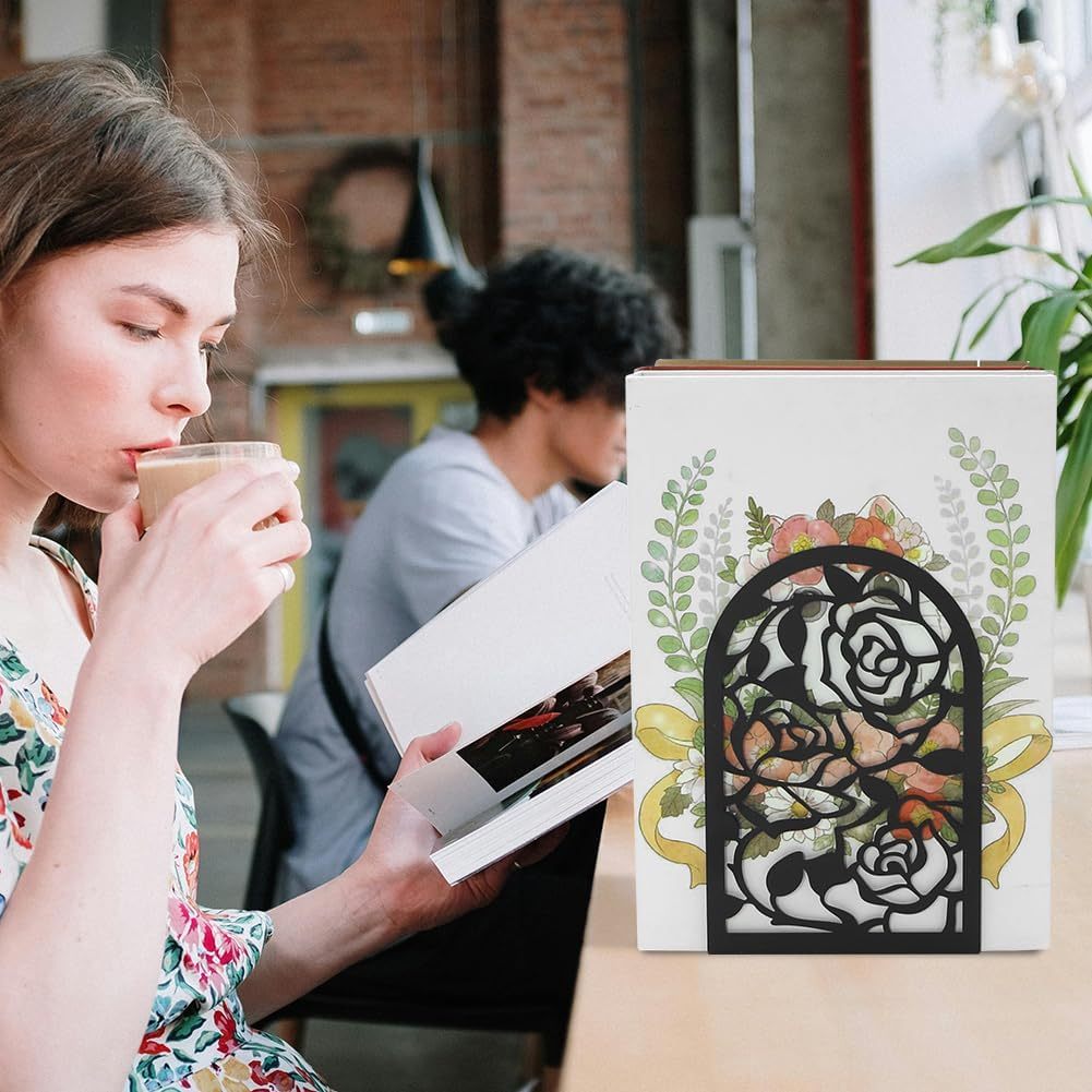 Elegant Rose Bookends Hollow-Out Rose Flower Book Ends Shelves Organizer Metal Book Stands Journal Book Holder Reading Room Decorative Bookends Library Book Stoppers for Office Home School (Black) - Black image number 6