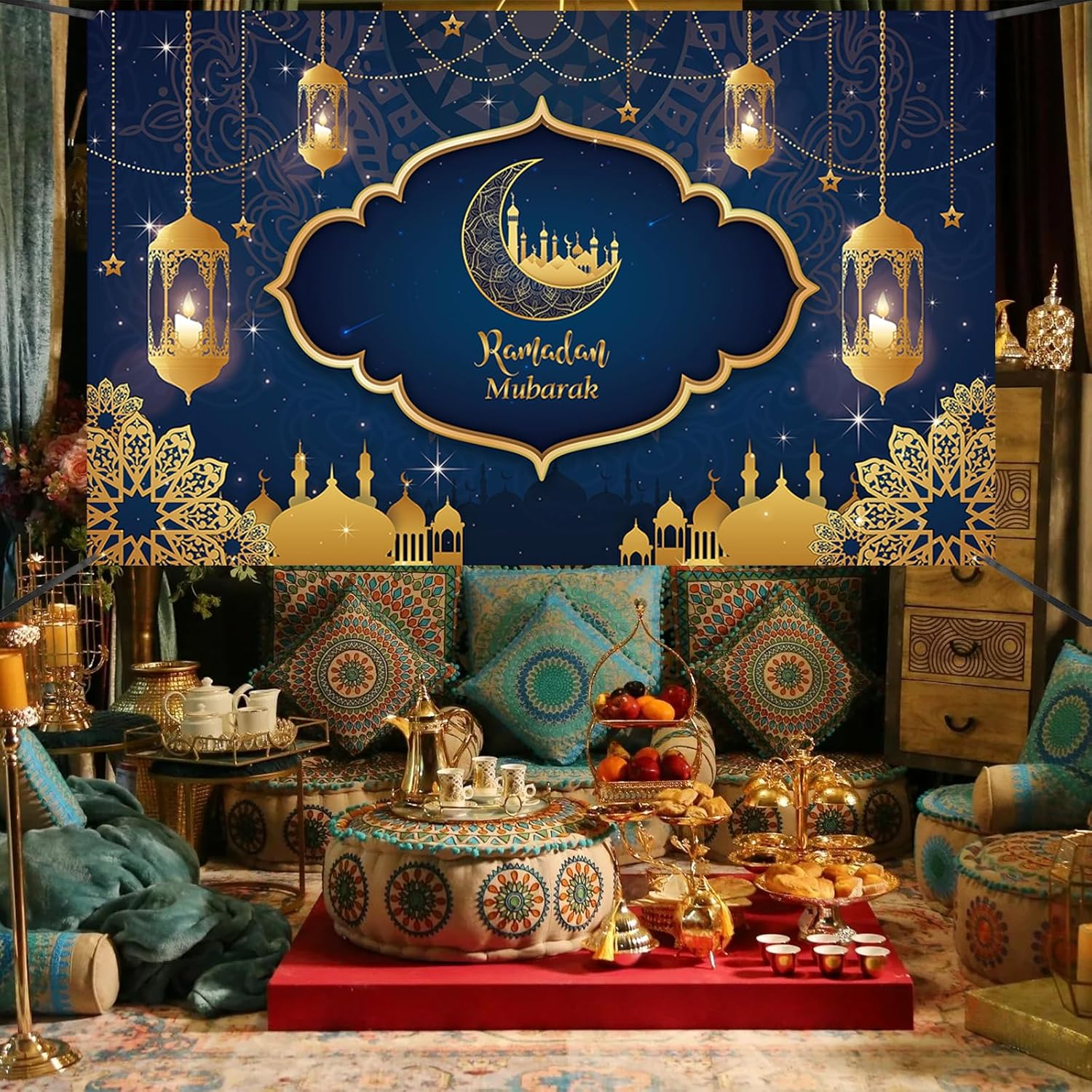 Ramadan Mubarak Banner 2025, Extra Large Fabric Eid Kareem Backdrop for Decorations, 72 X 44 Inch Star Moon Lanterns Castles Photo Booth Background for Islamic Muslim Al-Fitr Party Supplies image number 4