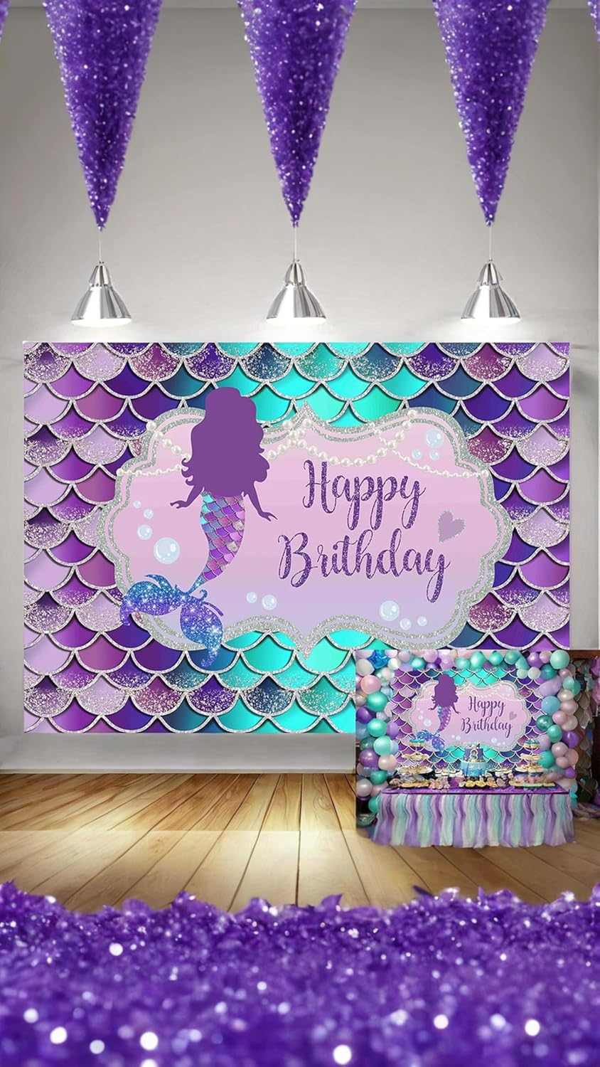 Honwor Mermaid Happy Birthday Backdrop Banner - under the Sea Princess Party Decor, Reusable, Indoor/Outdoor & Car Party Theme, Vibrant Colors, Easy Setup & Cleanup, for Kids & Teens