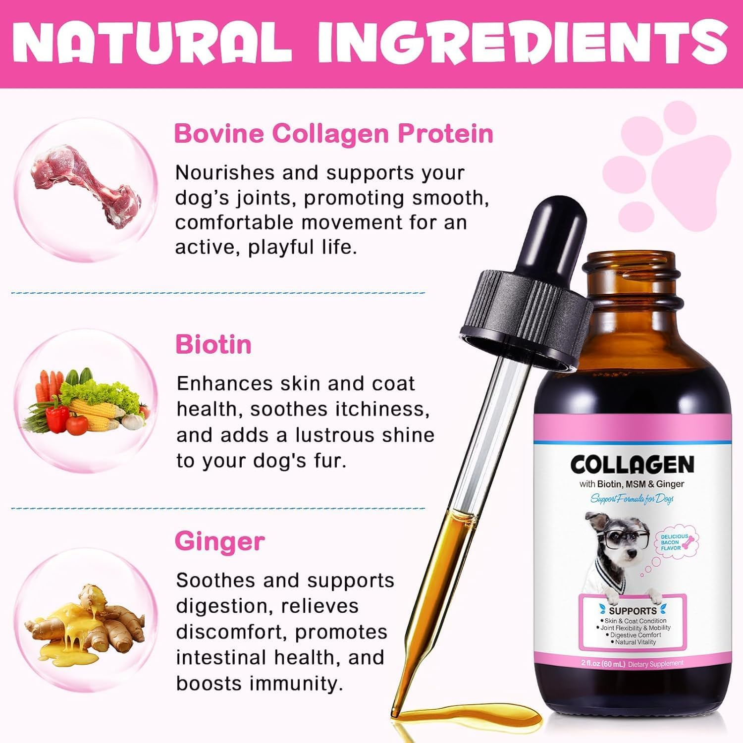 2Pcs Collagen for Dogs,Liquid Collagen for Dog,Skin & Coat Supplement for Dogs,Bacon Flavor,With Biotin,Msm & Ginger image number 2