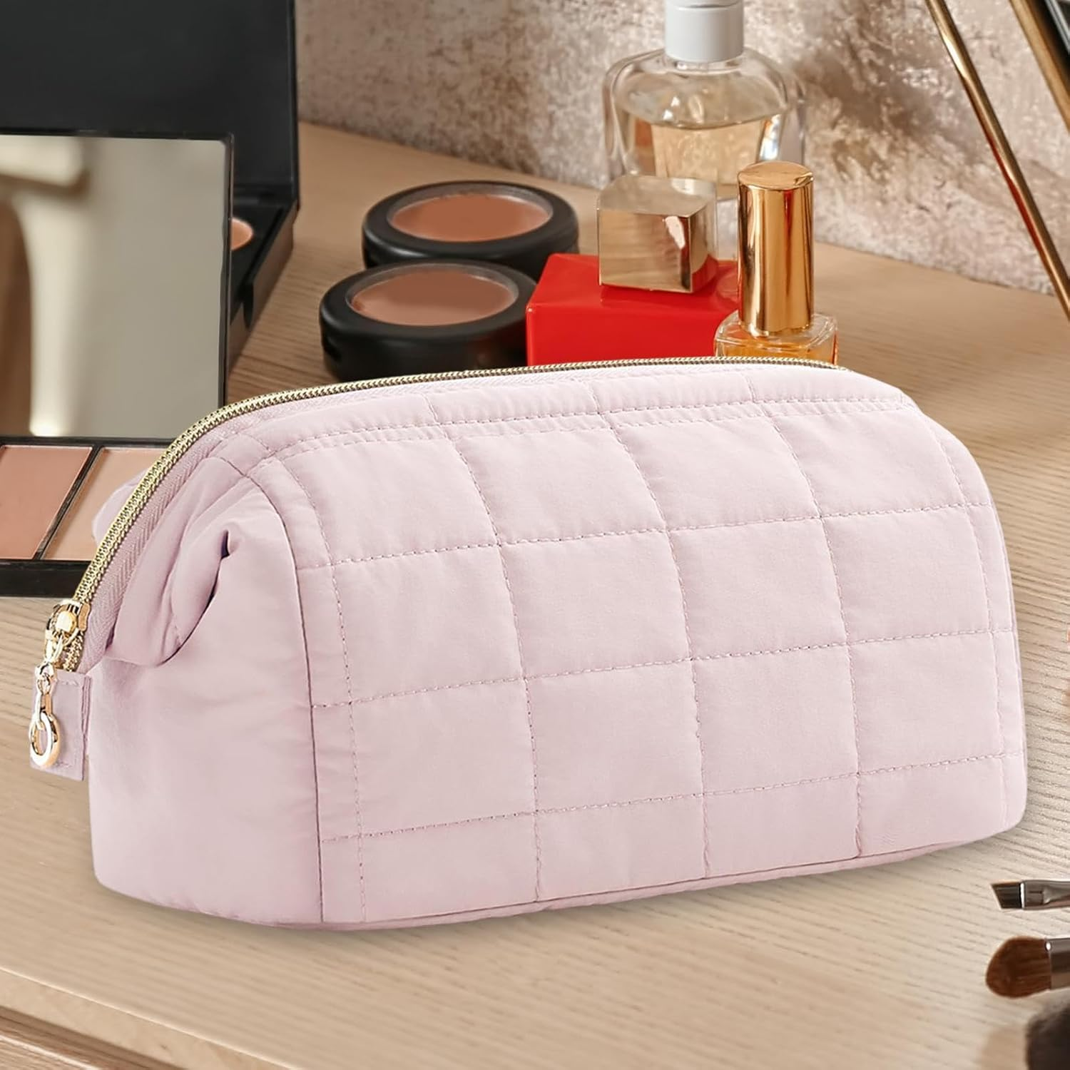 Amagogo Cosmetic Bag Cotton Makeup Bag Lightweight Zipper Closure Portable Toiletries Pouch Toiletry Bag for Hiking Business Trips, Pink