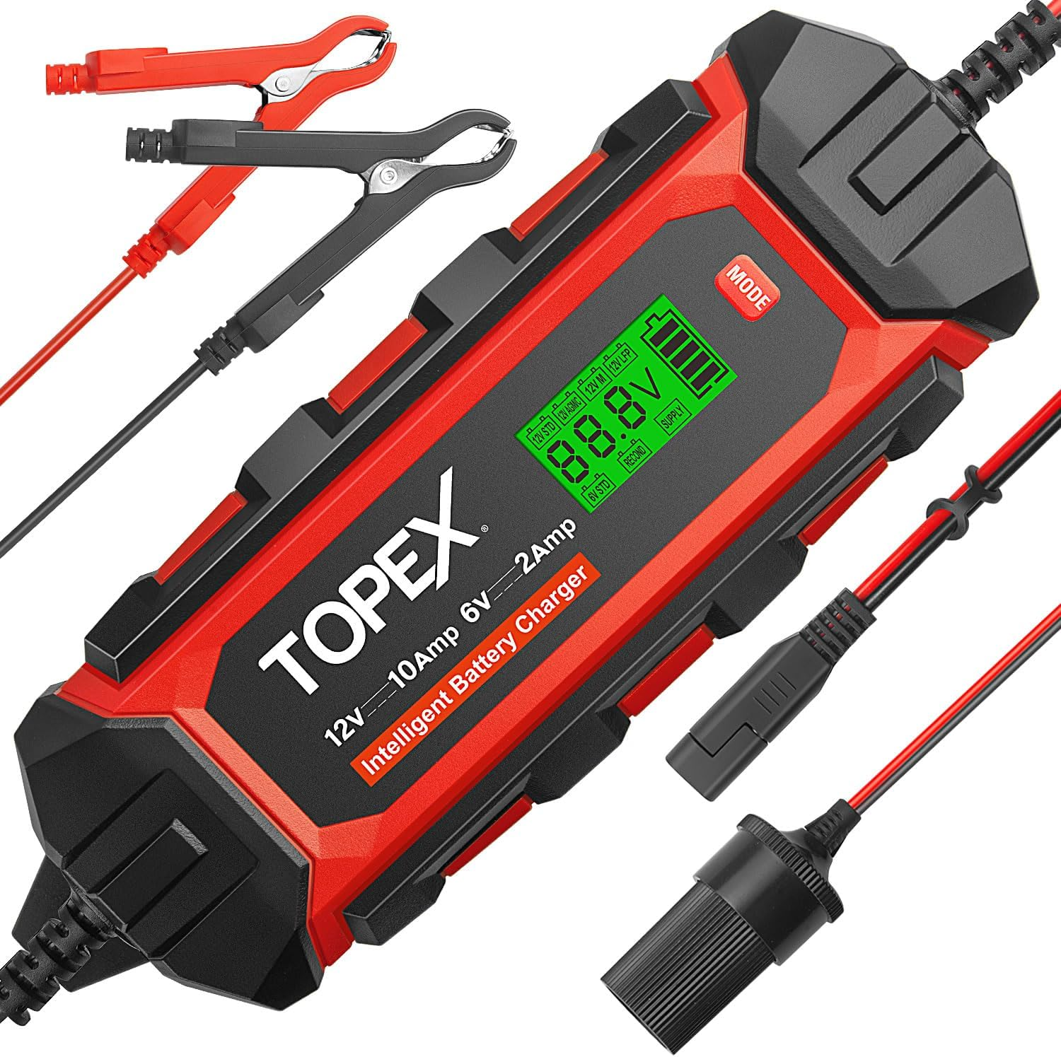TOPEX Car Battery Charger, 12V 10A/ 6V 2A Smart Automatic Battery Charger Maintainer IP65 Rated with 10 Stage Charging LCD Display for Lead Acid, Lifepo4 Battery in Car, Truck, Motorcycle, Boat, SUV image number 6