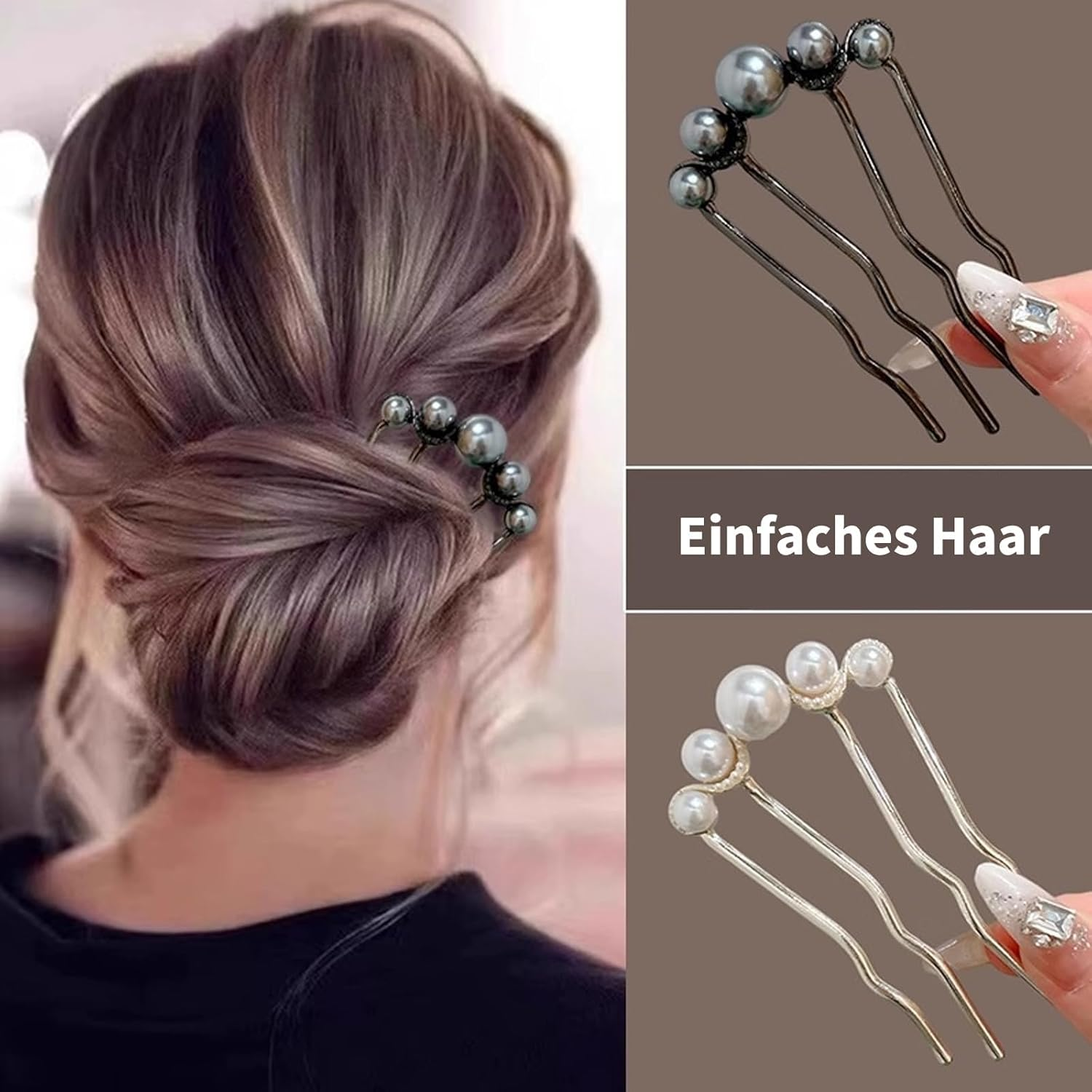 Ball Hair U Shaped Hair Pins Set, 2 Pieces, Curl Hair Comb, Four Teeth Comb, Hairstyle Comb, for Strengthening Strands, for Women, Elegant Design image number 4