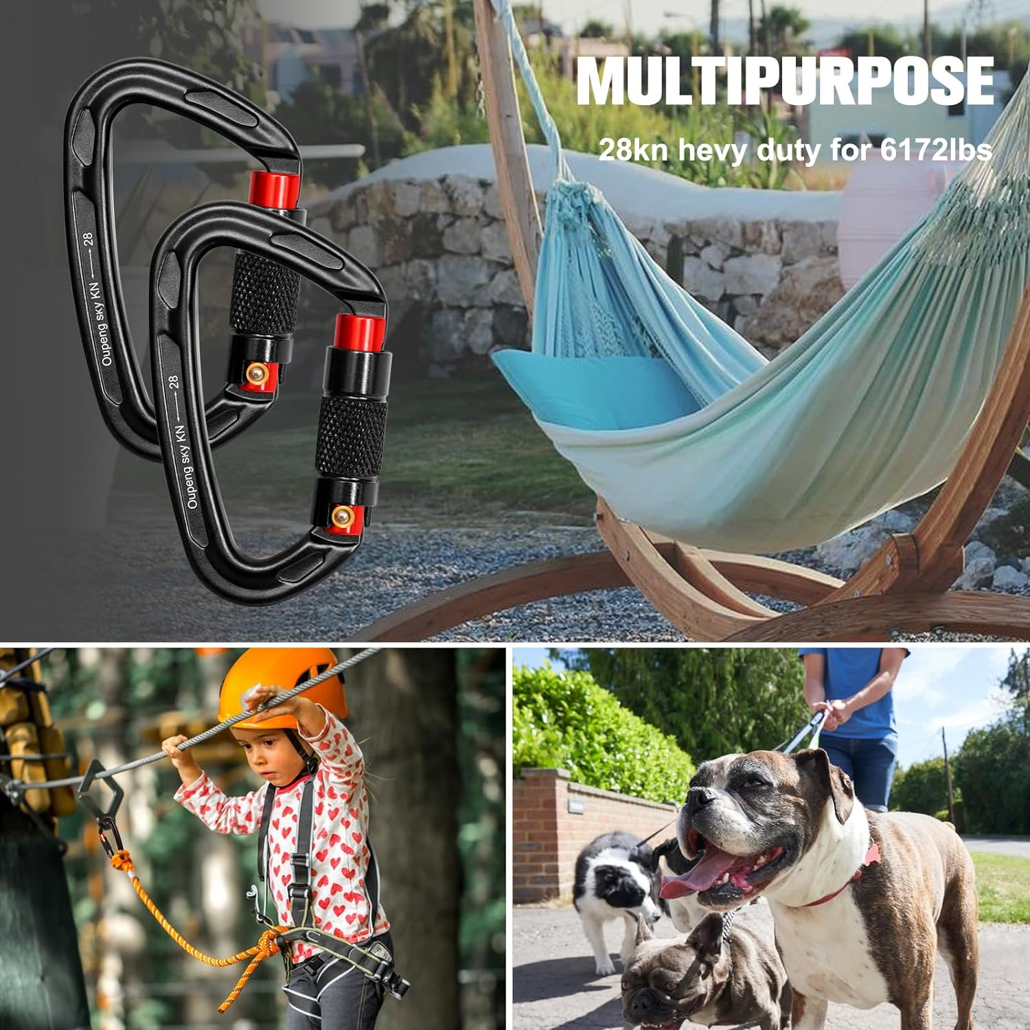 Auto Locking Carabiner Clips - 28KN (6172Lbs) Heavy Duty Caribeaners ，2PCS Large Carabiner Clip for Keychains，Hammock，Camping, Gym, Hiking, Outdoor ，Dog Leash image number 5