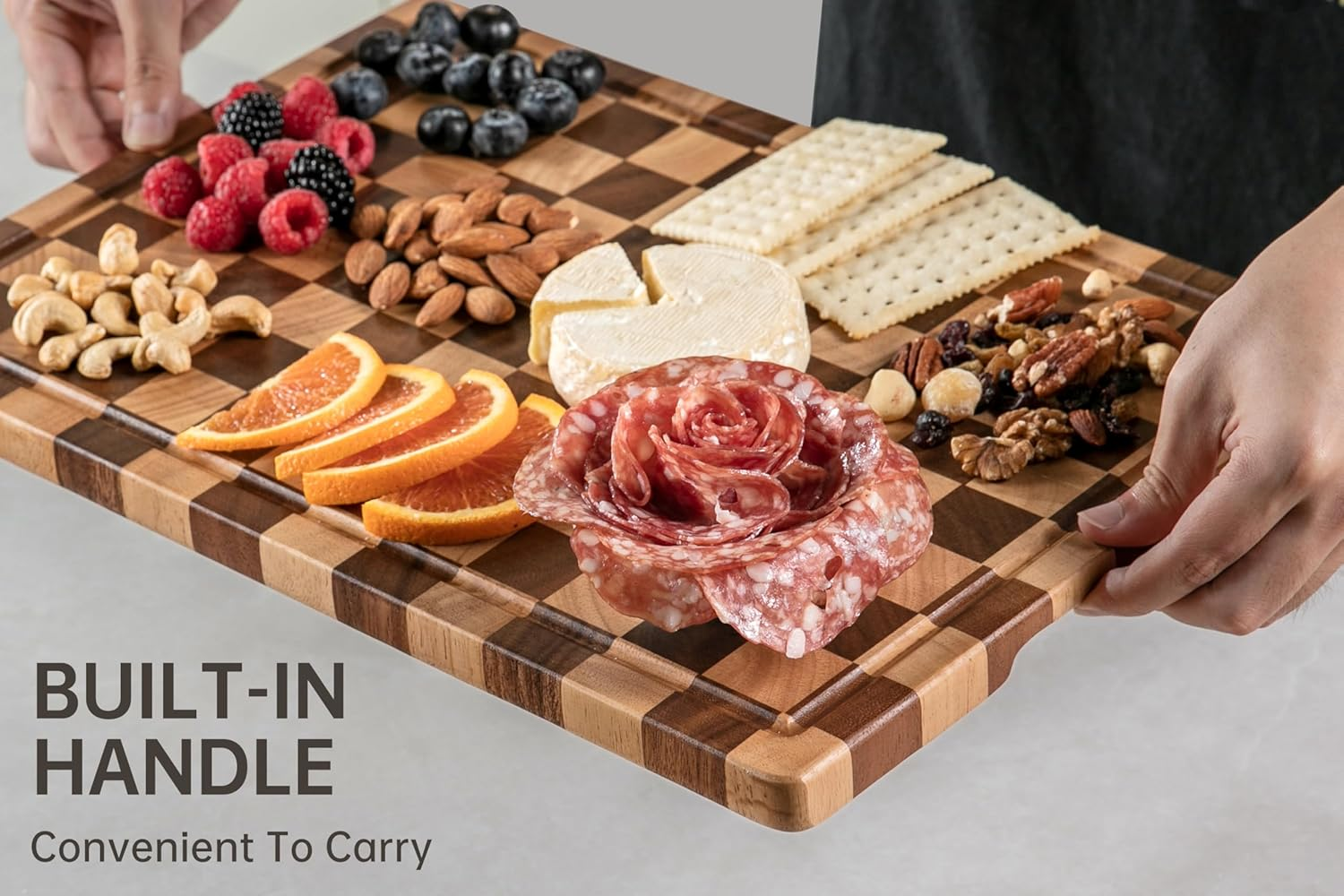 THETCHRY Cutting Boards for Kitchen, Design in USA Large Acacia Wood Chopping Board, Checkered Cutting Board with Juice Grooves & Handles, Butcher Block Serving Tray with Gift Box 16.5" X 11.6" X 0.8" image number 5