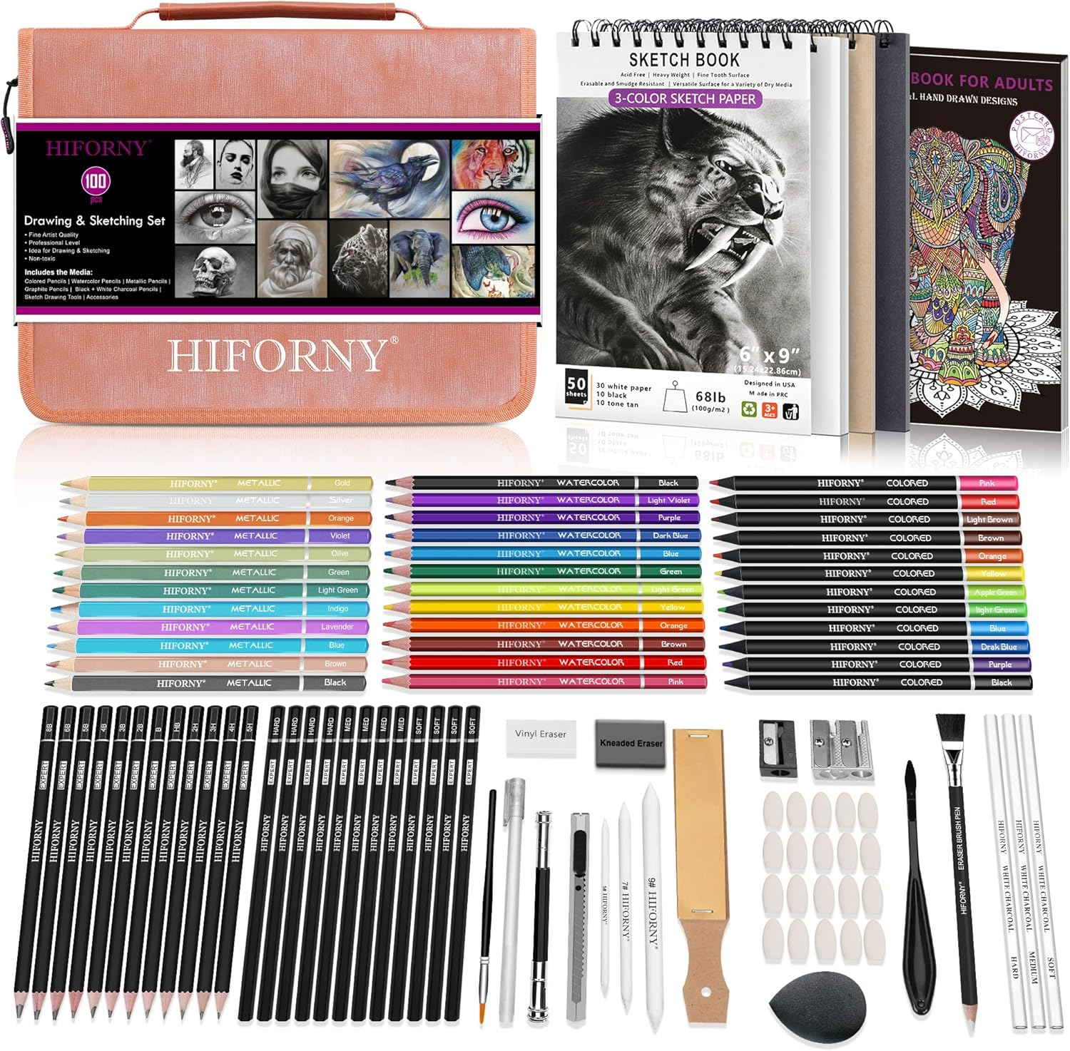 HIFORNY 100 PCS Drawing & Sketching Set, Professional Art Supplies with Graphite,Charcoal, Colored,Watercolor,Metallic Pencils,Blending Tools,Sketchbook and Coloring Book in Zipper Case (Pink) image number 5