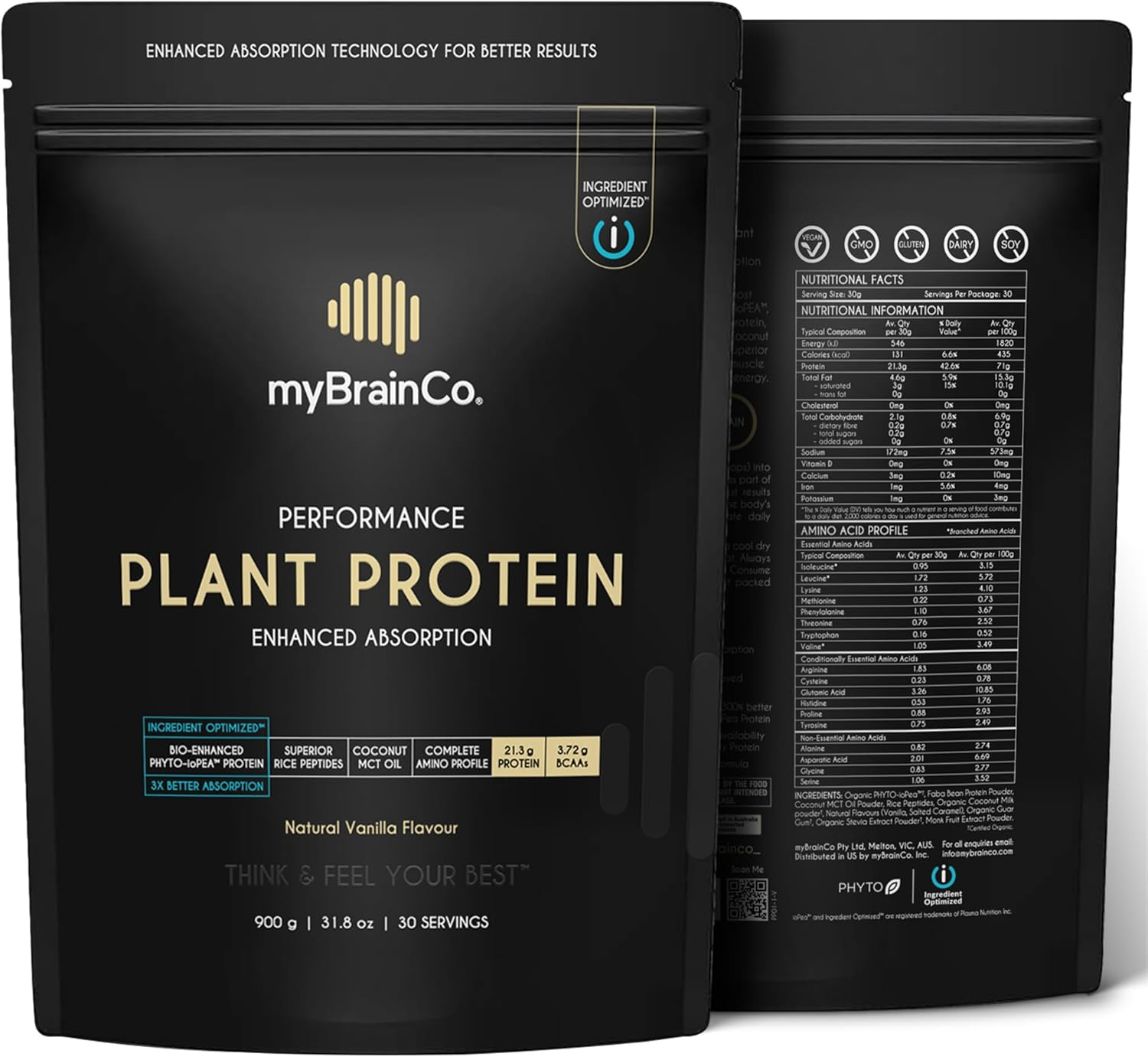 Mybrainco. Bio-Optimised Plant Protein Powder, 300% Better Absorption, Organic Iopea&reg; + Rice Peptides + Pure MCT &ndash; Vegan, FODMAP Certified, No Bloating - Natural Vanilla 900G (30 Servings) image number 3