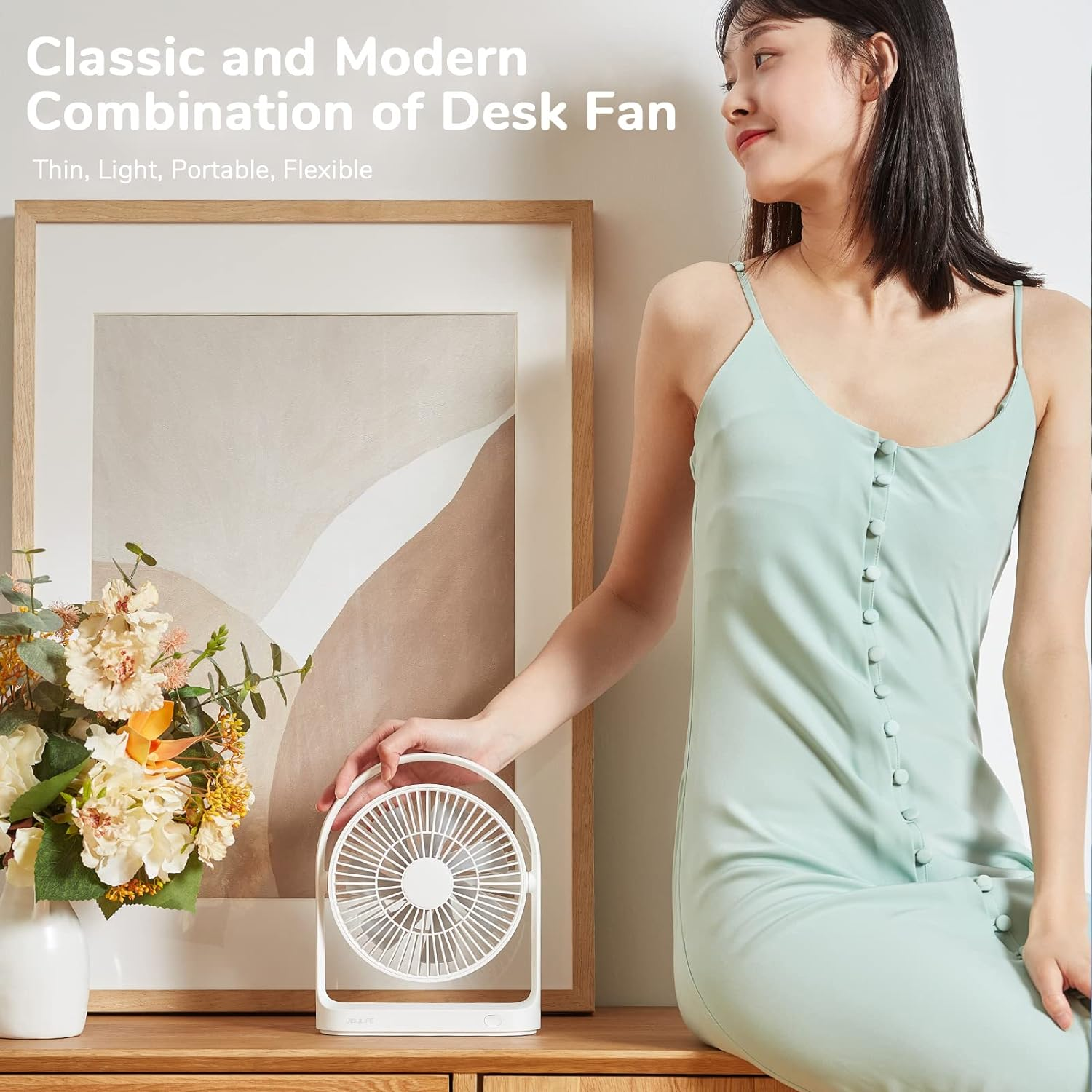 JISULIFE Desk Fan, Small Portable Battery Operated Desktop Fan with 4 Speeds, Max 15 Hrs, Strong Airflow, Ultra Quiet, 4000Mah USB Rechargeable Electric Table Fan for Office/Room/Travel-White image number 5