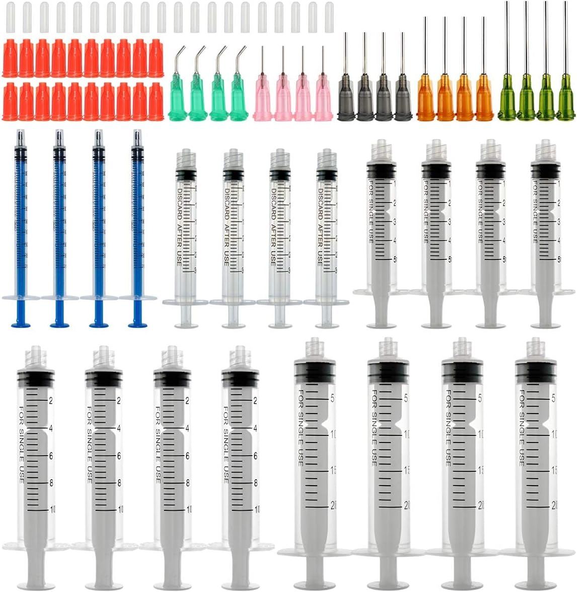 Syringe Set with Blunt Needle, 1Ml 3Ml 5Ml 10Ml 20Ml Syringes with 14G 15G 16G 18G 20G Blunt Needles and Syringe Cap for DIY Craft Glue Refill Industrial Use (80Pcs)