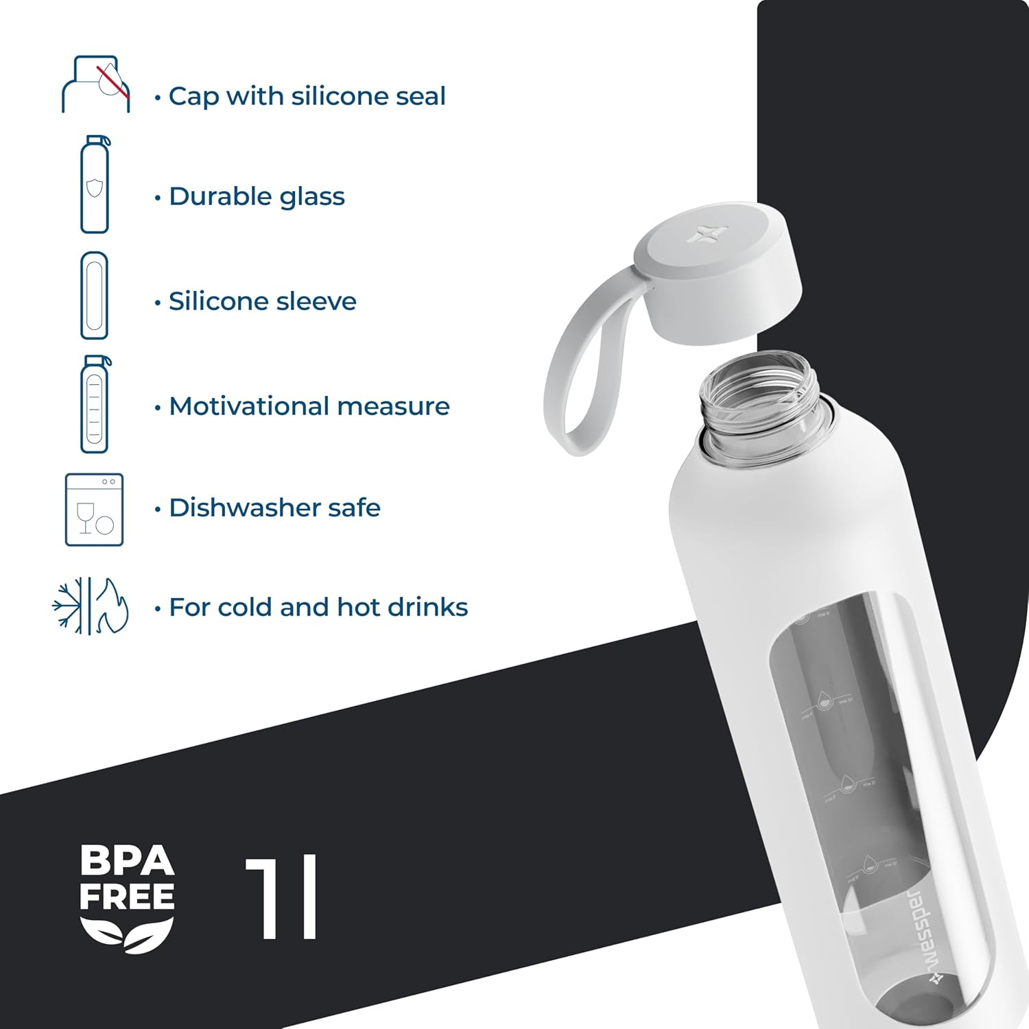 Wessper Glass Drinking Bottle, 1 Litre with Time Markings, Bpa-Free Drinking Motivation, Borosilicate Water Bottle, Airtight Glass Bottle with Bamboo Lid, Reusable, with Silicone Case, White - Gray image number 7