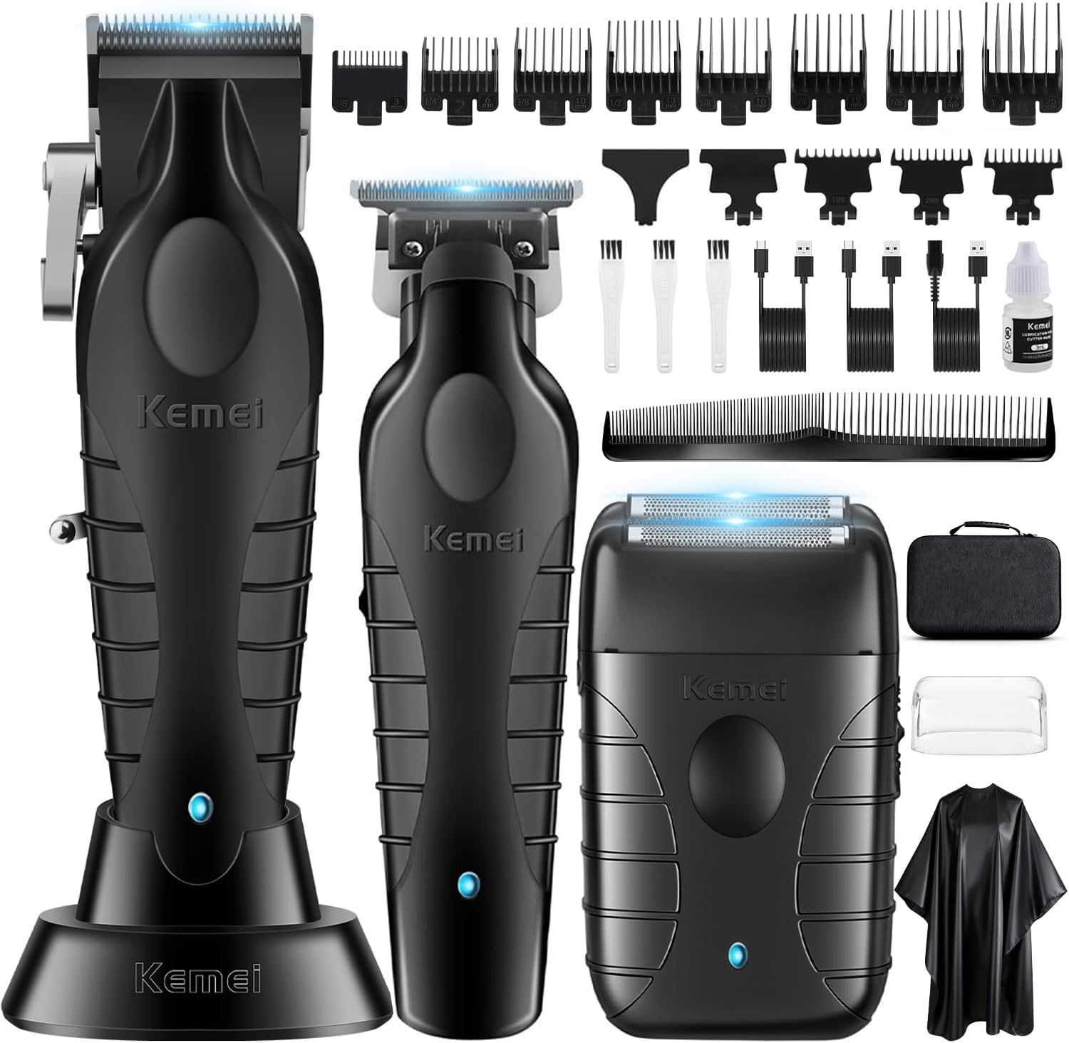 KEMEI Professional Hair Clippers for Men, Cordless Complete Hairdressing Trimmer T-Blade Trimmer Foil Shaver Set, Electric Hair Cutting Full Kit with 11 Guide Combs image number 4