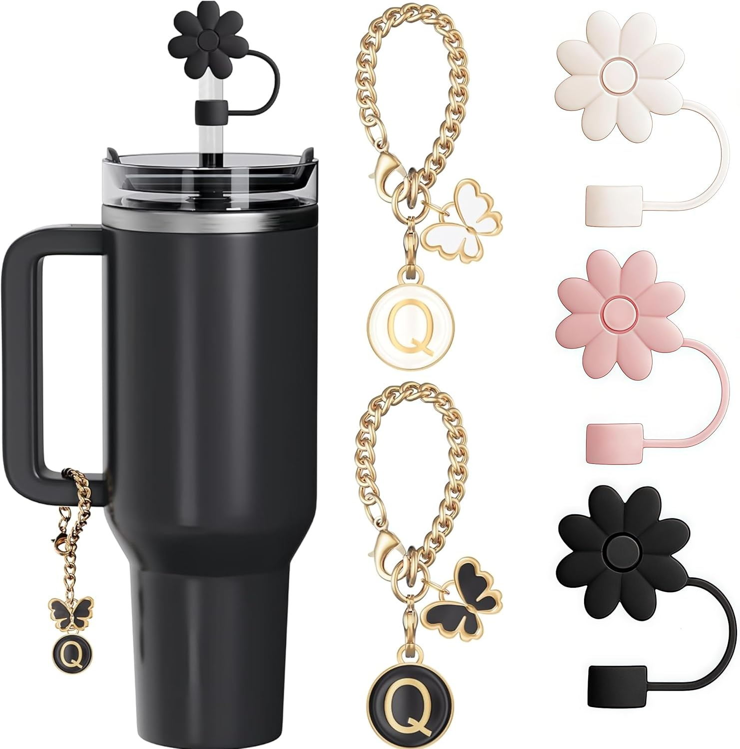 3PCS Straw Cover Cap for Stanley Cup 30&40 Oz 10Mm Reusable Straw Topper with 2PCS Stanley Cup Accessories Butterfly Initial Personalized Letter Charms Name ID Charm for Stanley Tumble (Letter Q) image number 6