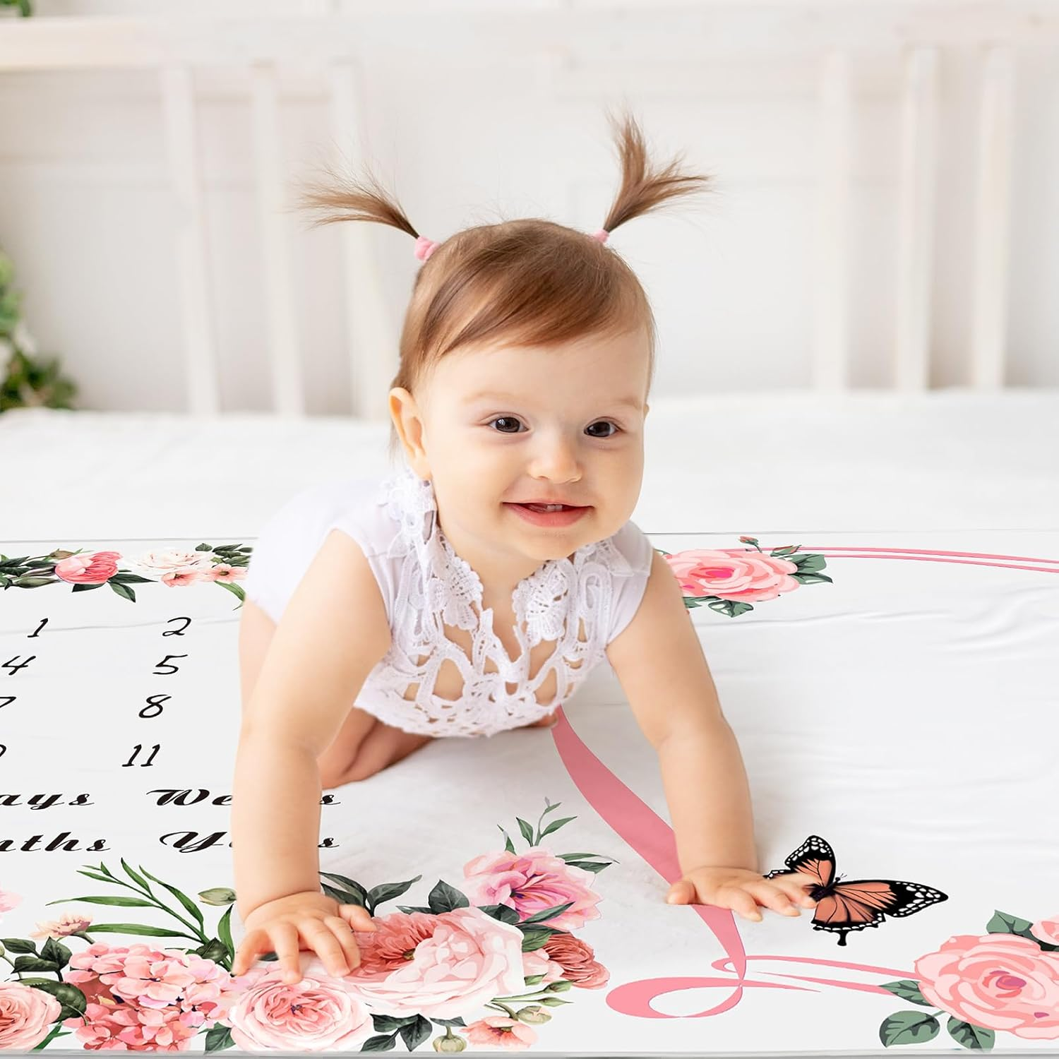 Chumia Baby Monthly Milestone Blanket - Floral Butterfly Design, Pink, 39"X59" - Flannel, Single Layered, Baby Milestone Blanket image number 7