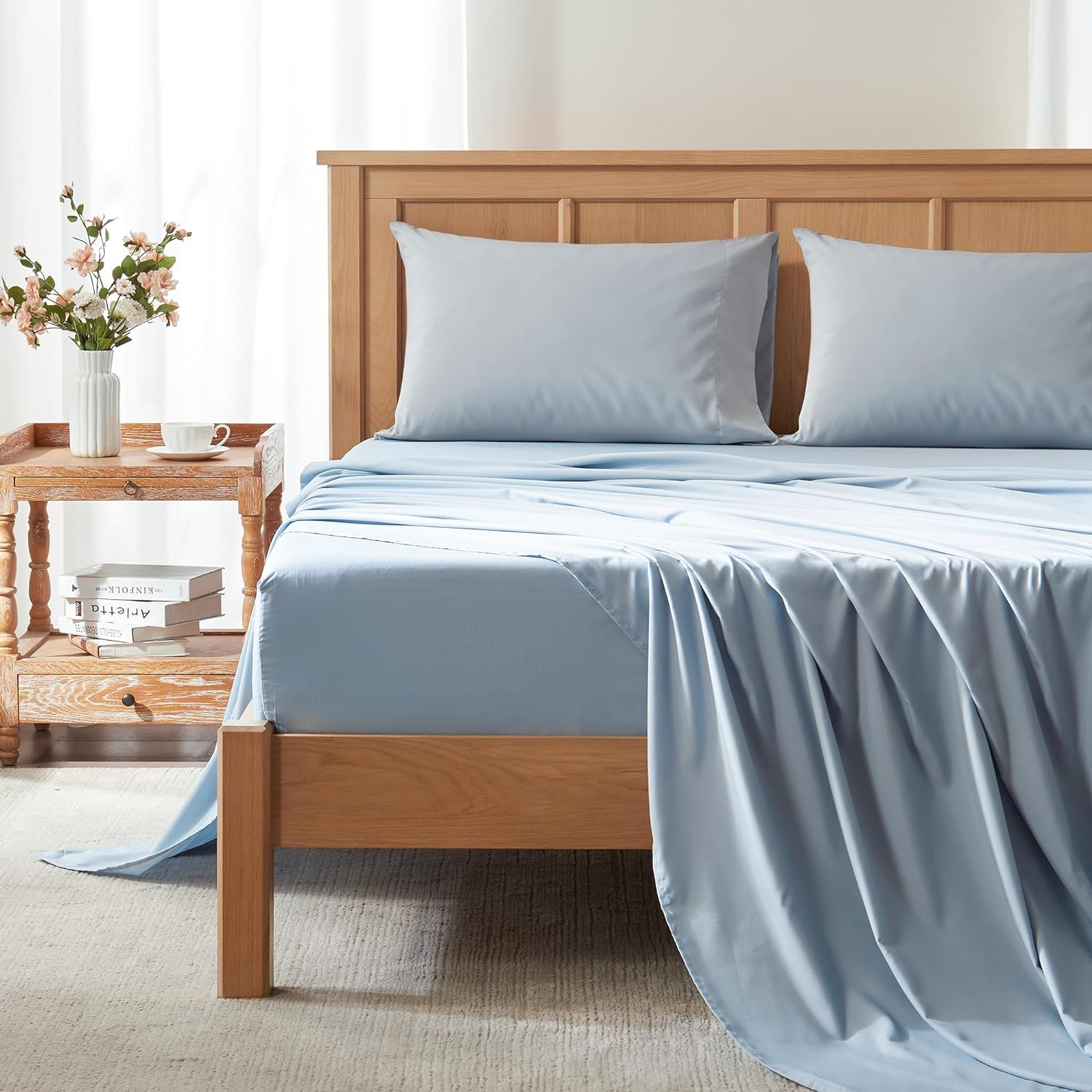 Comfort Spaces Coolmax Moisture Wicking Sheet Set Soft, Fade Resistant, All Elastic Deep Pocket Fits up to 16" Mattress - Warm Weather Cooling Sheets for Night Sweats, Twin, Blue, 3 Piece