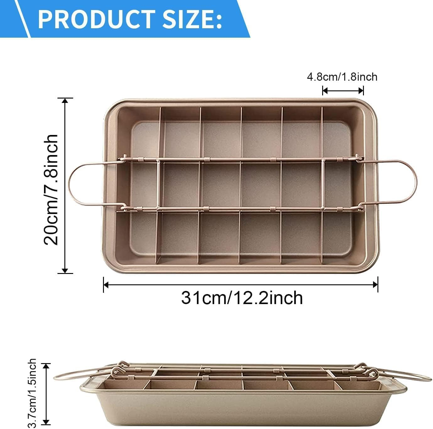 DUJIAOSHOU 12 Inches Brown Non-Stick Brownie Pan with Dividers - 18-Cavity Traybake Tin for Professional Slices - Baking Tray image number 3