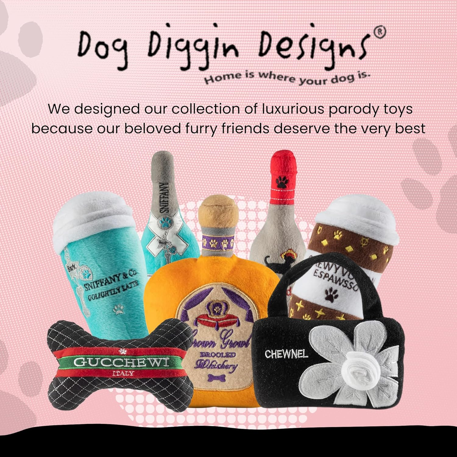 Dog Diggin Designs Runway Pup Collection | Unique Squeaky Plush Dog Toys - Pr&ecirc;t-&Agrave;-Porter Dog Bones, Balls & More