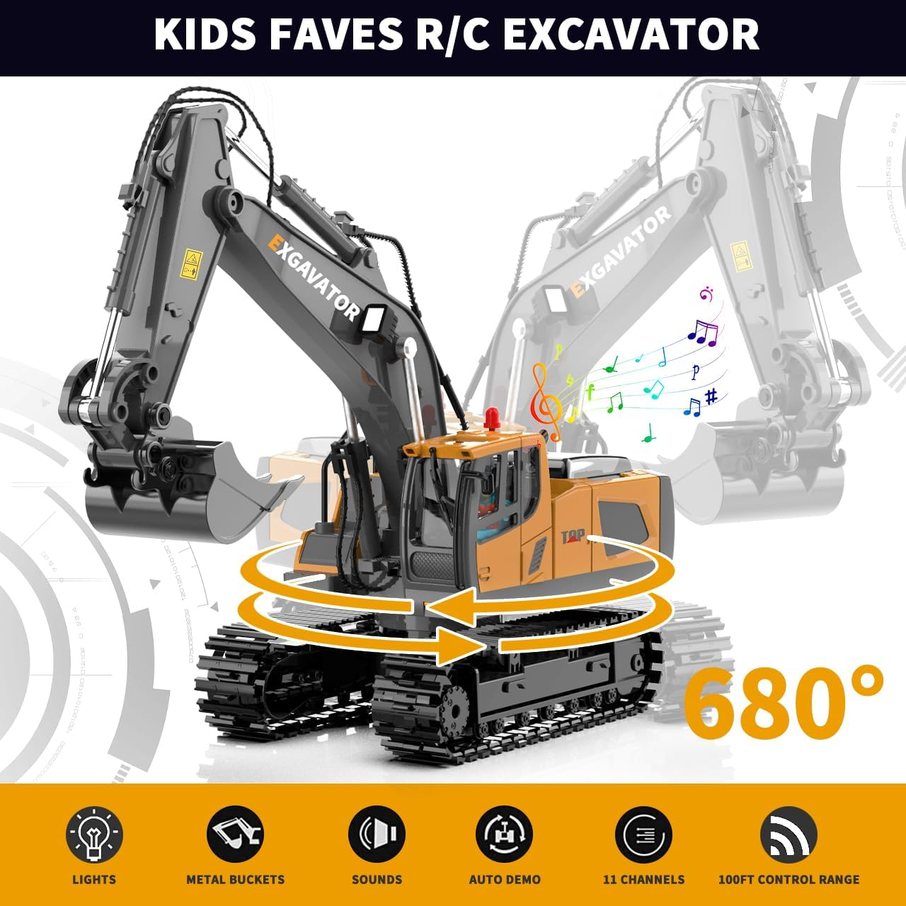 Remote Control Excavator RC Digger Toy for Boys, 11 Channel Hydraulic Turns 680 Degree, Construction Toys with Metal Shovel, Lights, Sounds, 2 Rechargeable Batteries, Yellow